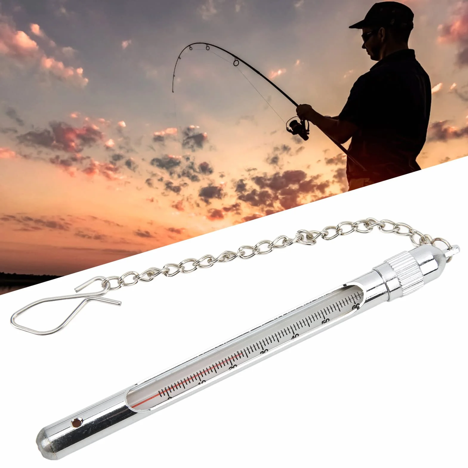 Thermomètre de pêche avec Mousqueton, mesure de température de l'eau, thermomètre en métal pour extérieur