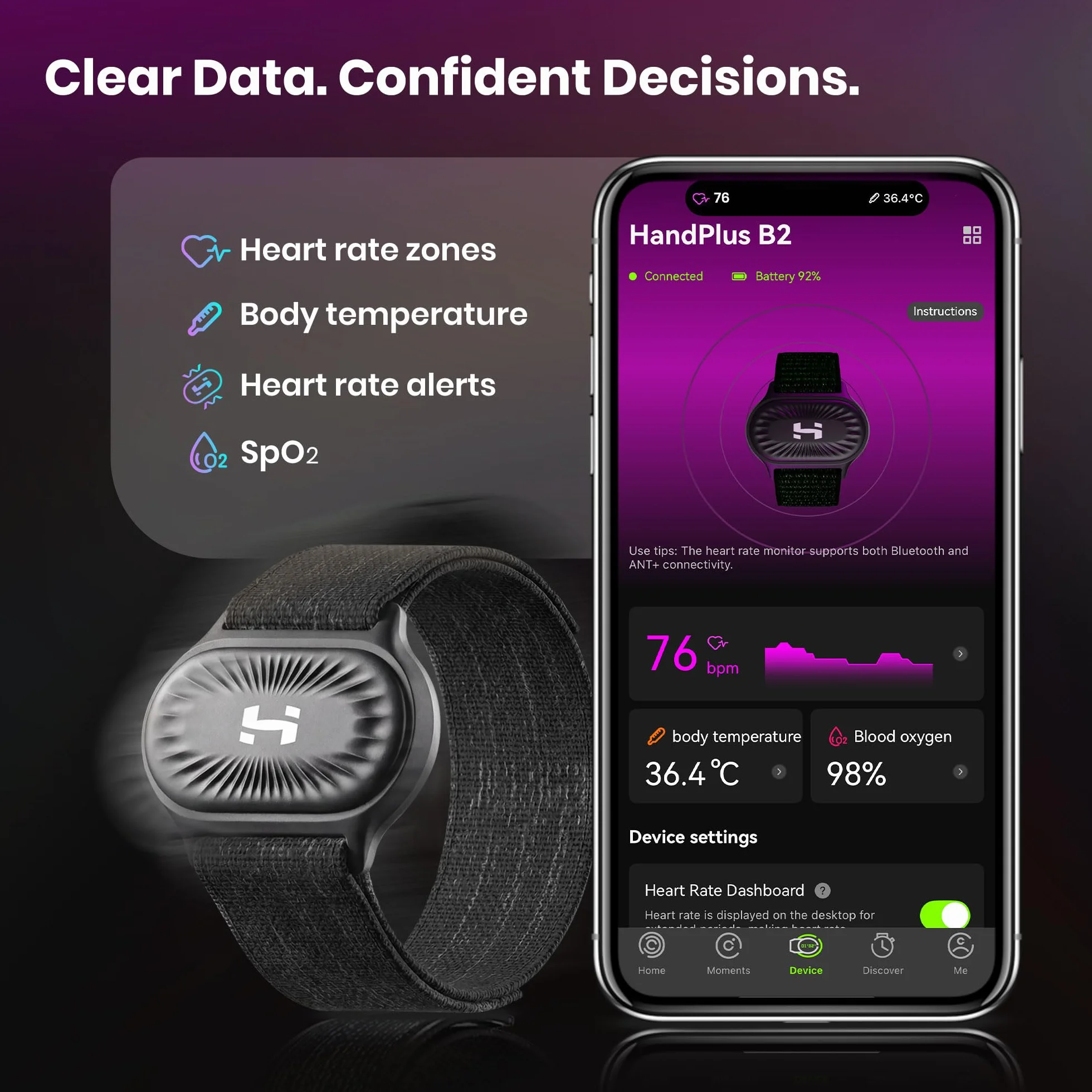 HandPlus Moniteur de fréquence cardiaque optique avec Bluetooth ANT+, stockage 72h