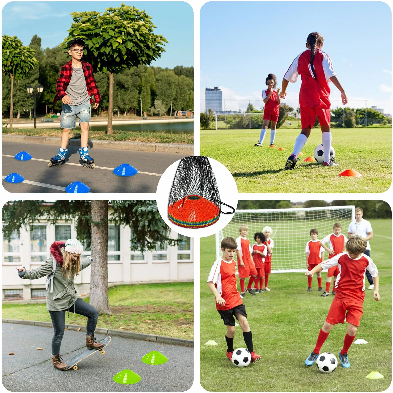 Cônes de Marquage Football Équipement d'Entraînement, Plots Multicolores avec Filet de Rangement