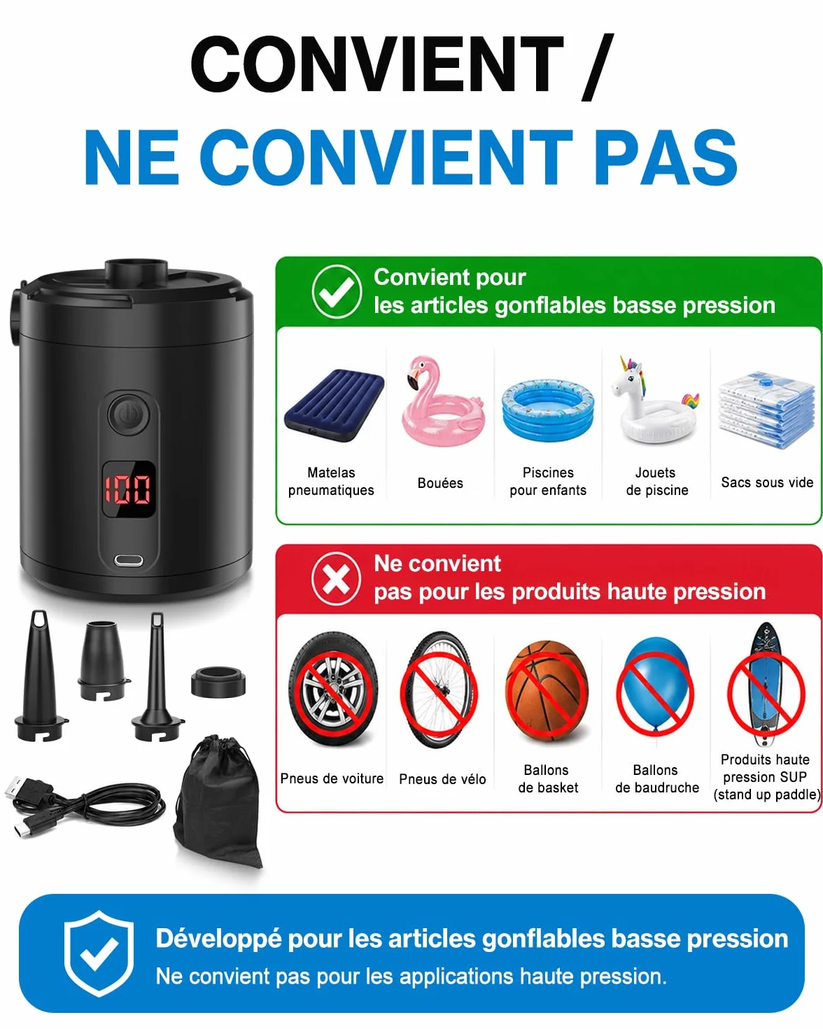 Pompe à Air Électrique Rechargeable 5200 mAh 280 L/Min avec Écran Numérique, Gonfleur Rapide Portable pour Matelas et Piscine