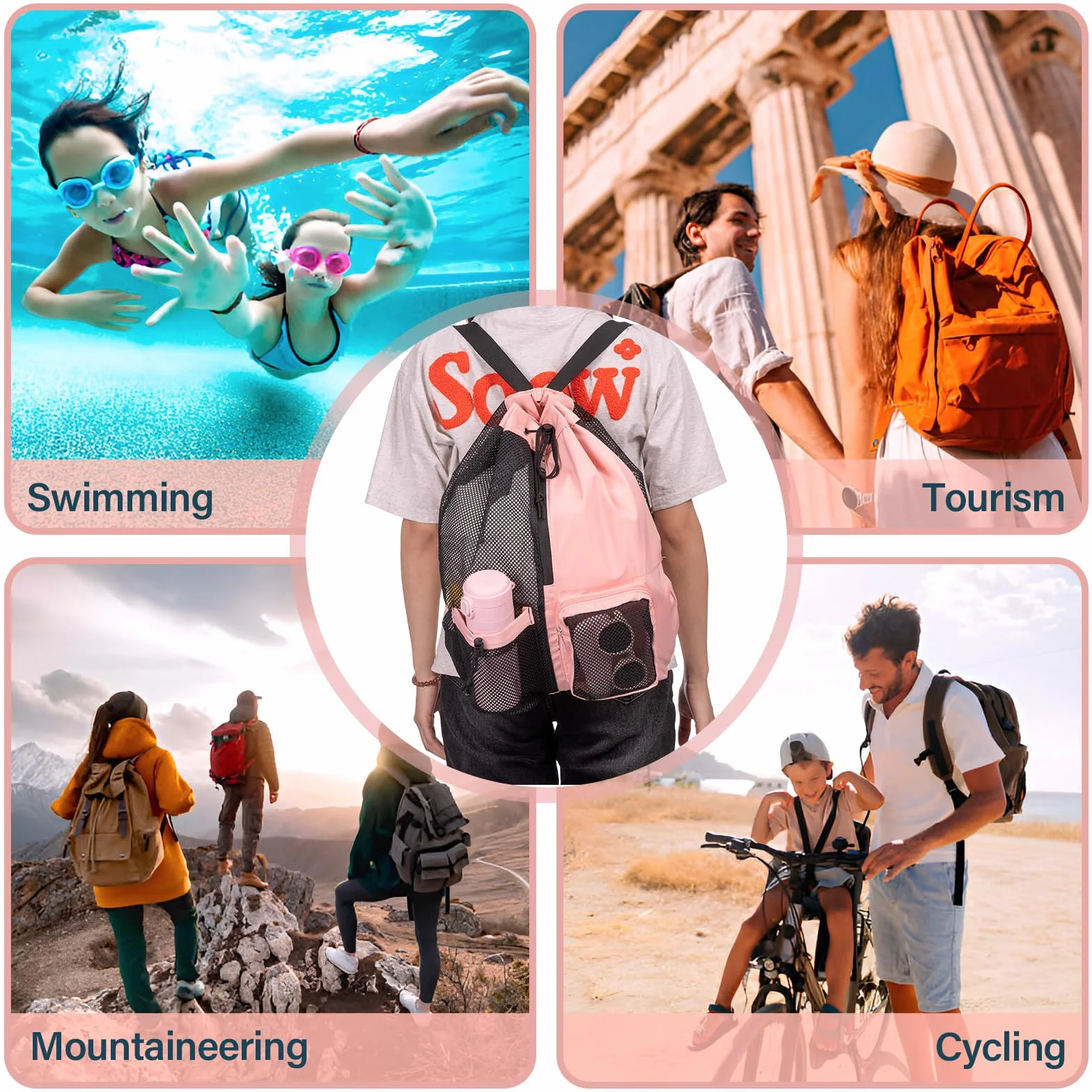 Sac Piscine Résistant à l'eau Sac Cordon Séparation Humide et Sèche, Sac de Sport en Maille pour Natation Gym Plage