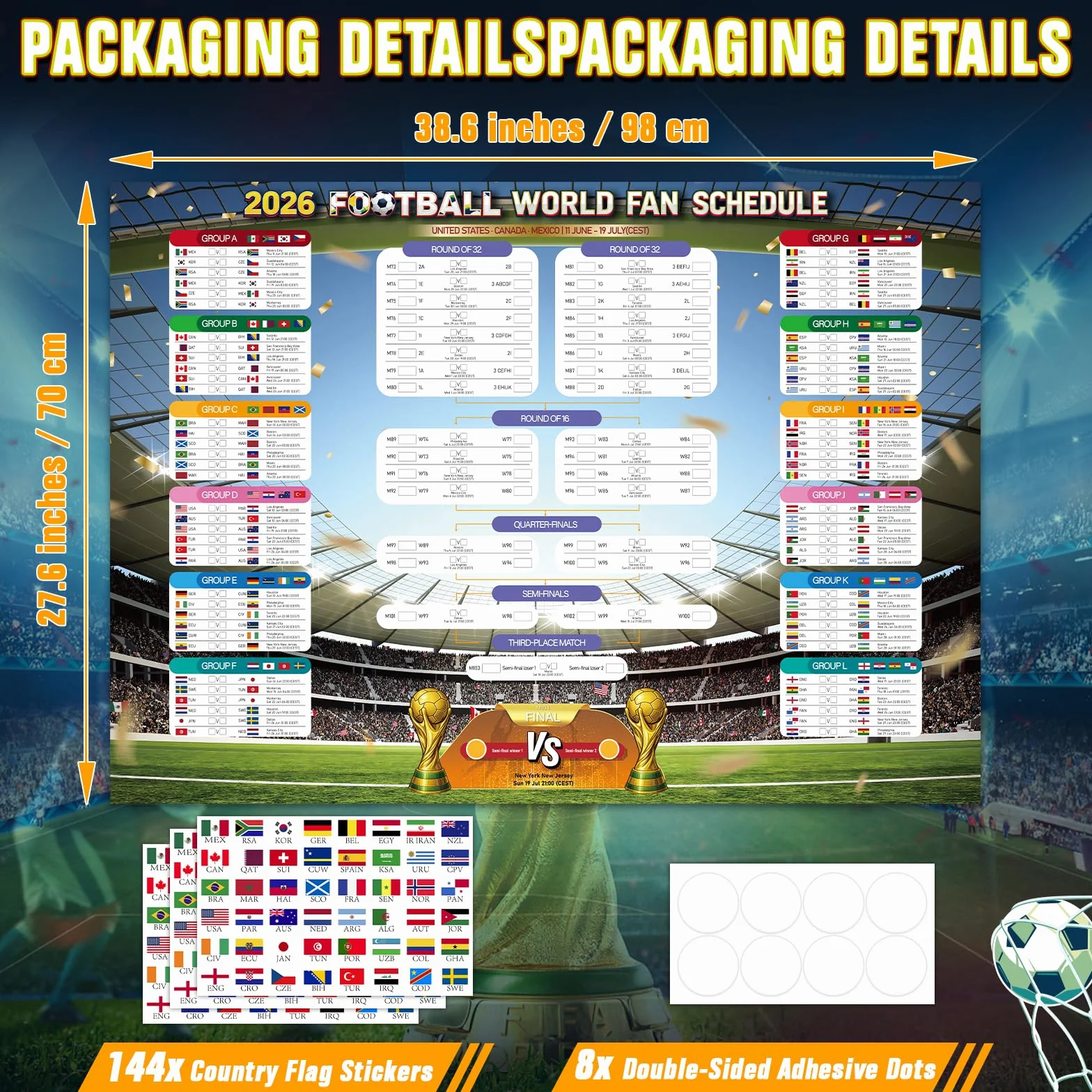 WALLFID 98x70cm Affiche Calendrier Coupe du Monde 2026, Heure Europe Centrale, Decoration Murale