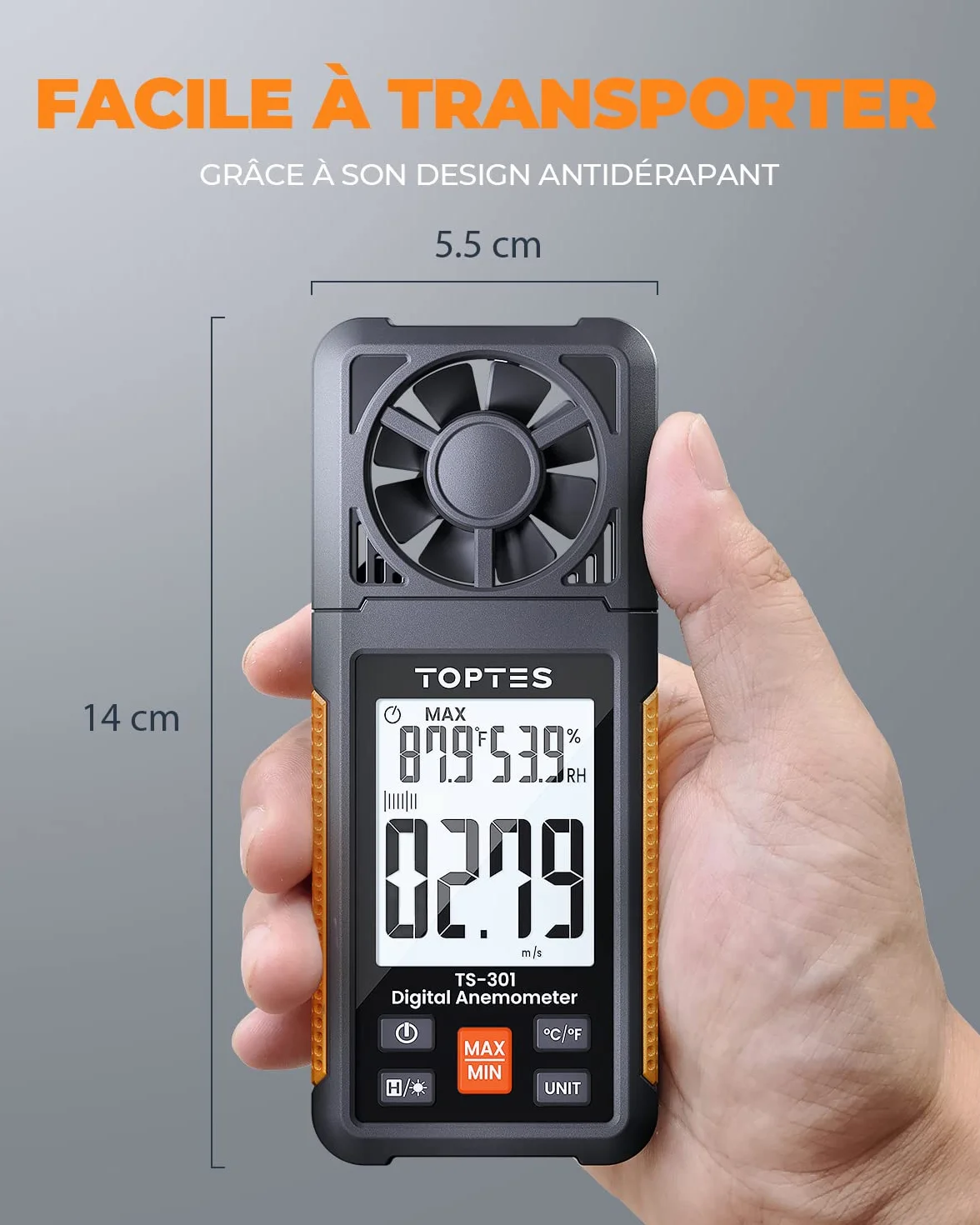 TopTes TS-301 Anémomètre numérique avec écran LCD 2,26 pouces, Débitmètre d'air pour HVAC
