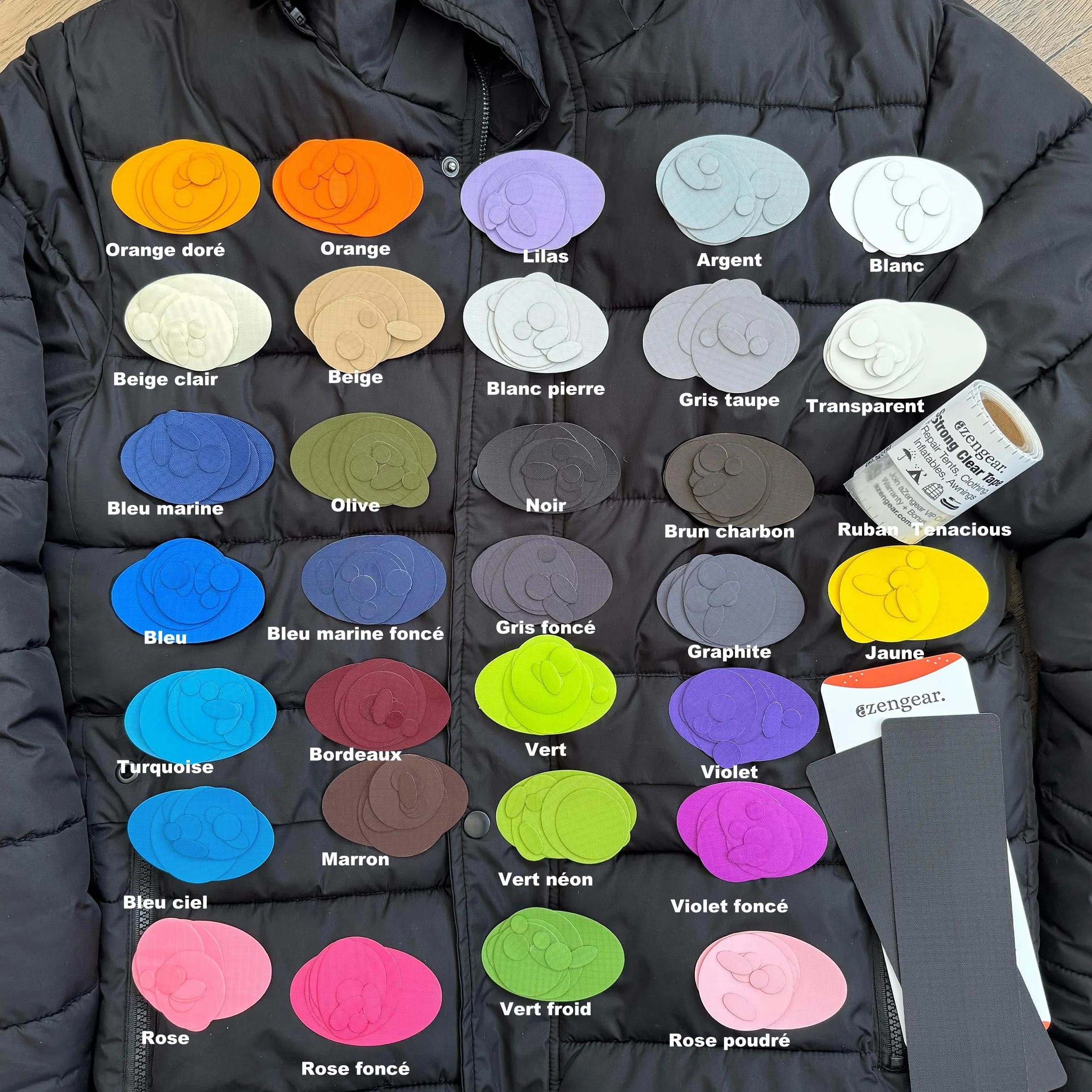 aZengear Patchs de réparation autocollants imperméables 30 couleurs 11 pièces pour vestes en duvet tentes chaussures