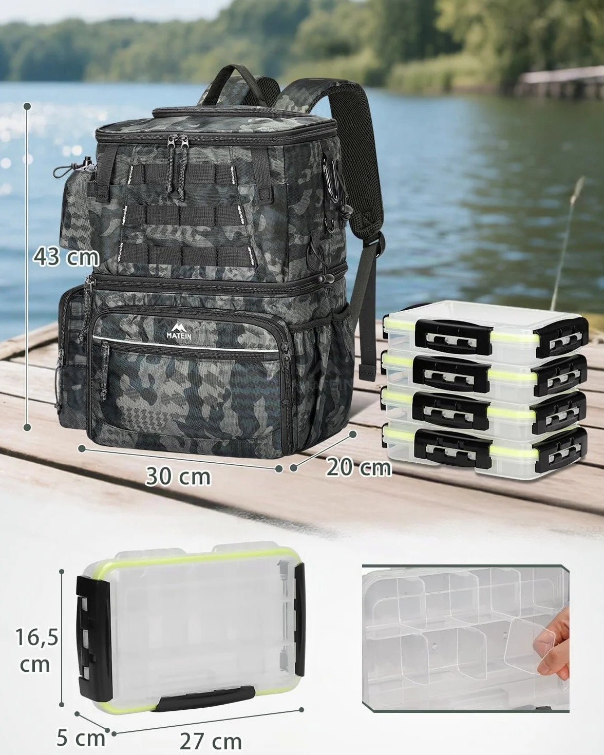 MATEIN Sac de Pêche Étanche avec 4 Boîtes de Rangement, Porte-Canne, Compartiment Isotherme, Camouflage