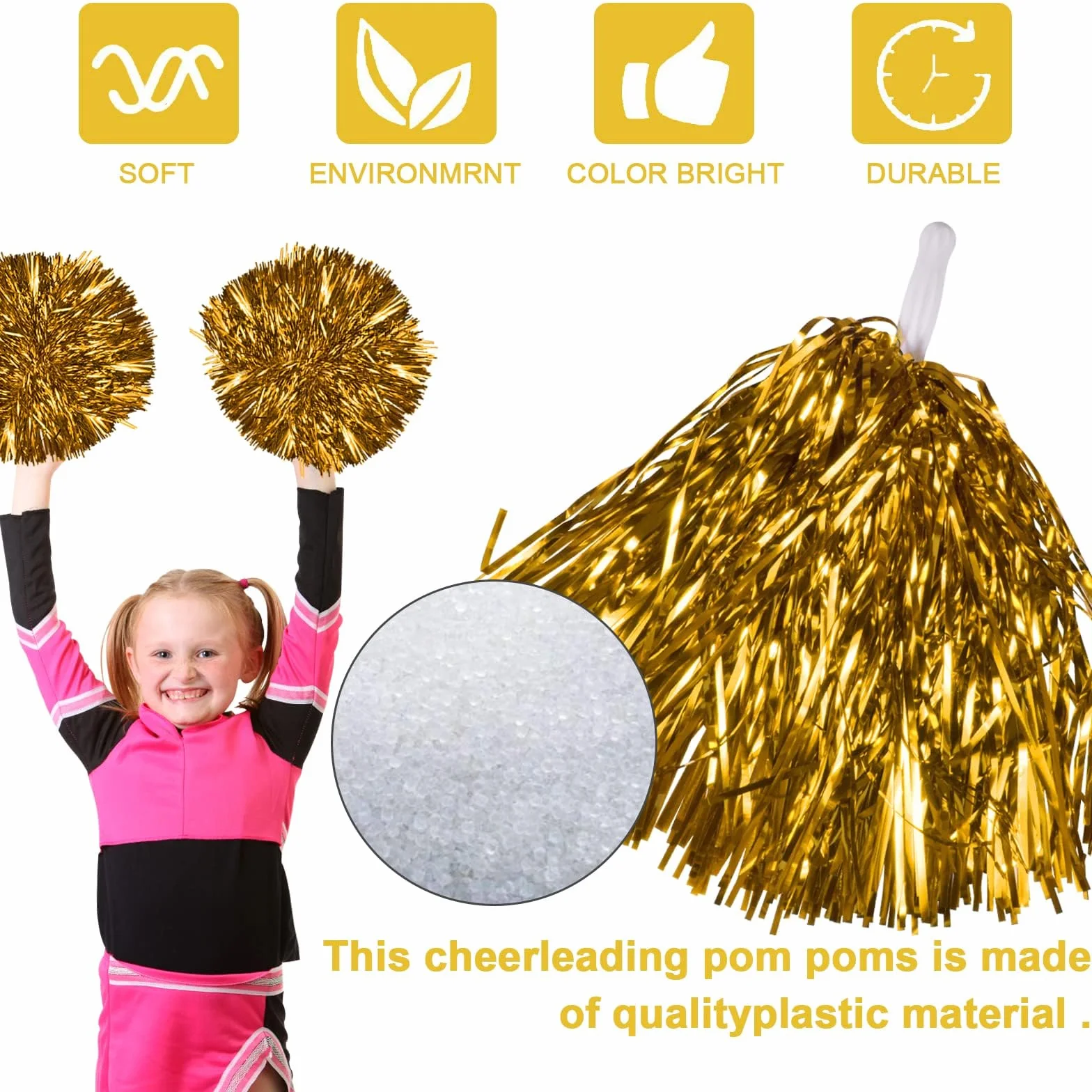 Lot de 12 Pompons Cheerleader Gold pour Carnaval Fête