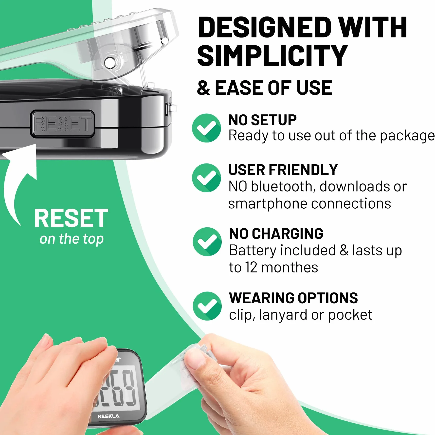 NESKLA Podomètre 3D Grand Affichage Numérique Tracker de Pas Sangle Clip Amovible