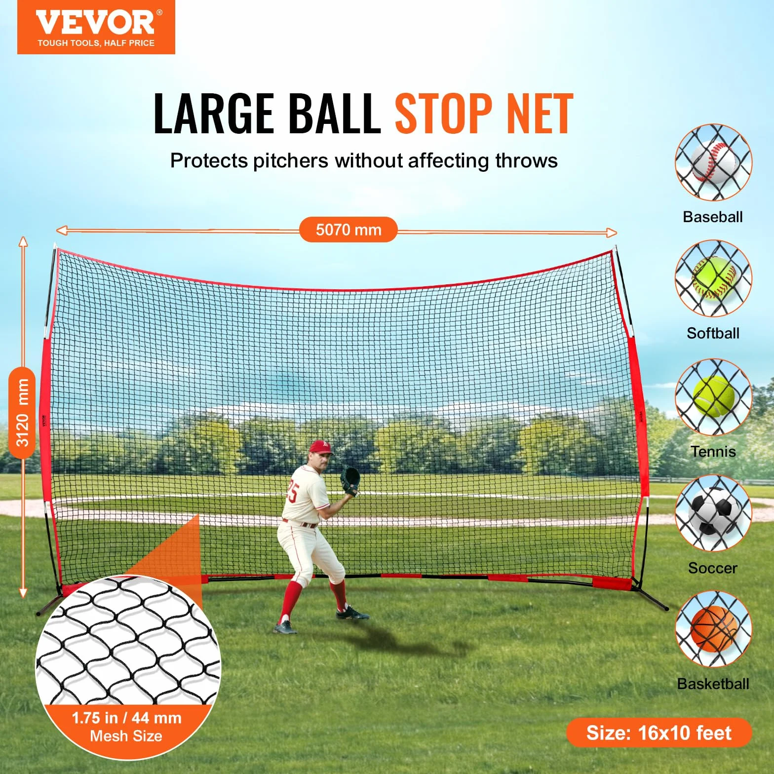 VEVOR Barricade Backstop Filet de Protection Portable avec Sac de Transport, écran de Protection pour Baseball, Softball, Lacrosse, Football, Hockey, pour arrière-Cour
