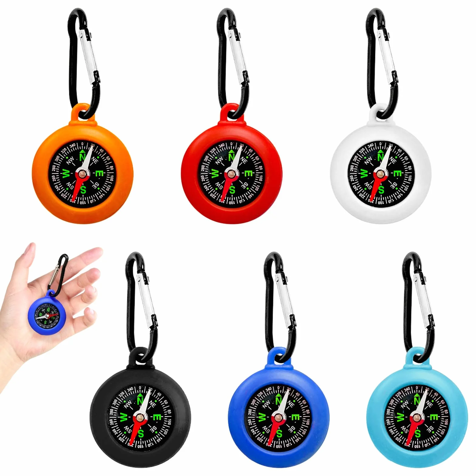 Boussole Enfant Porte clés 6 Pièces Mini Étanche Mousqueton Cadeau Anniversaire Chasse au Trésor Camping Navigation