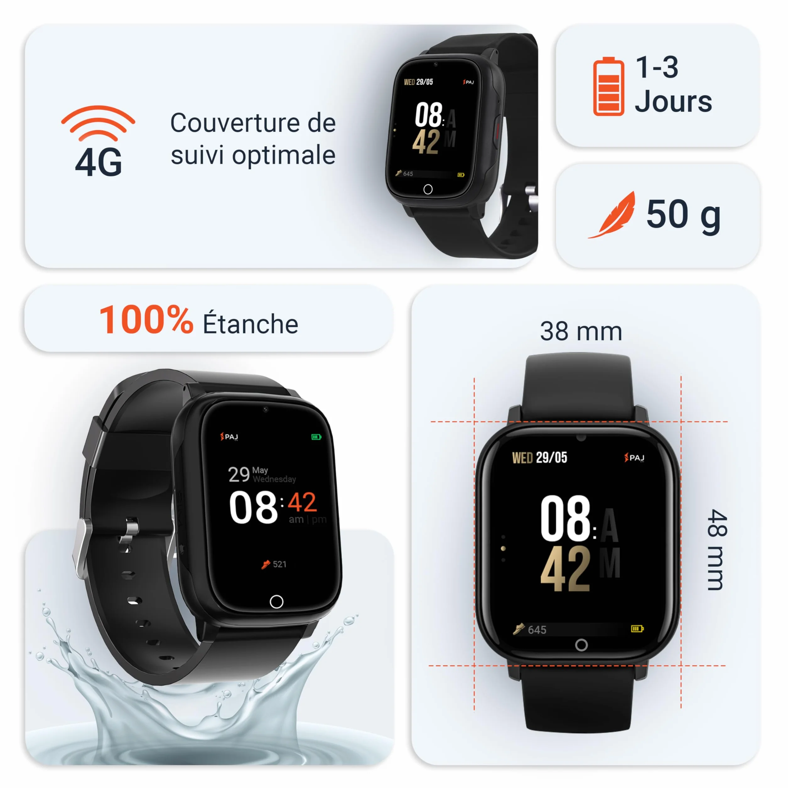PAJ Smartwatch Finder 4G Montre GPS Enfants Seniors Appel Localisation Temps Réel SOS Caméra Étanche
