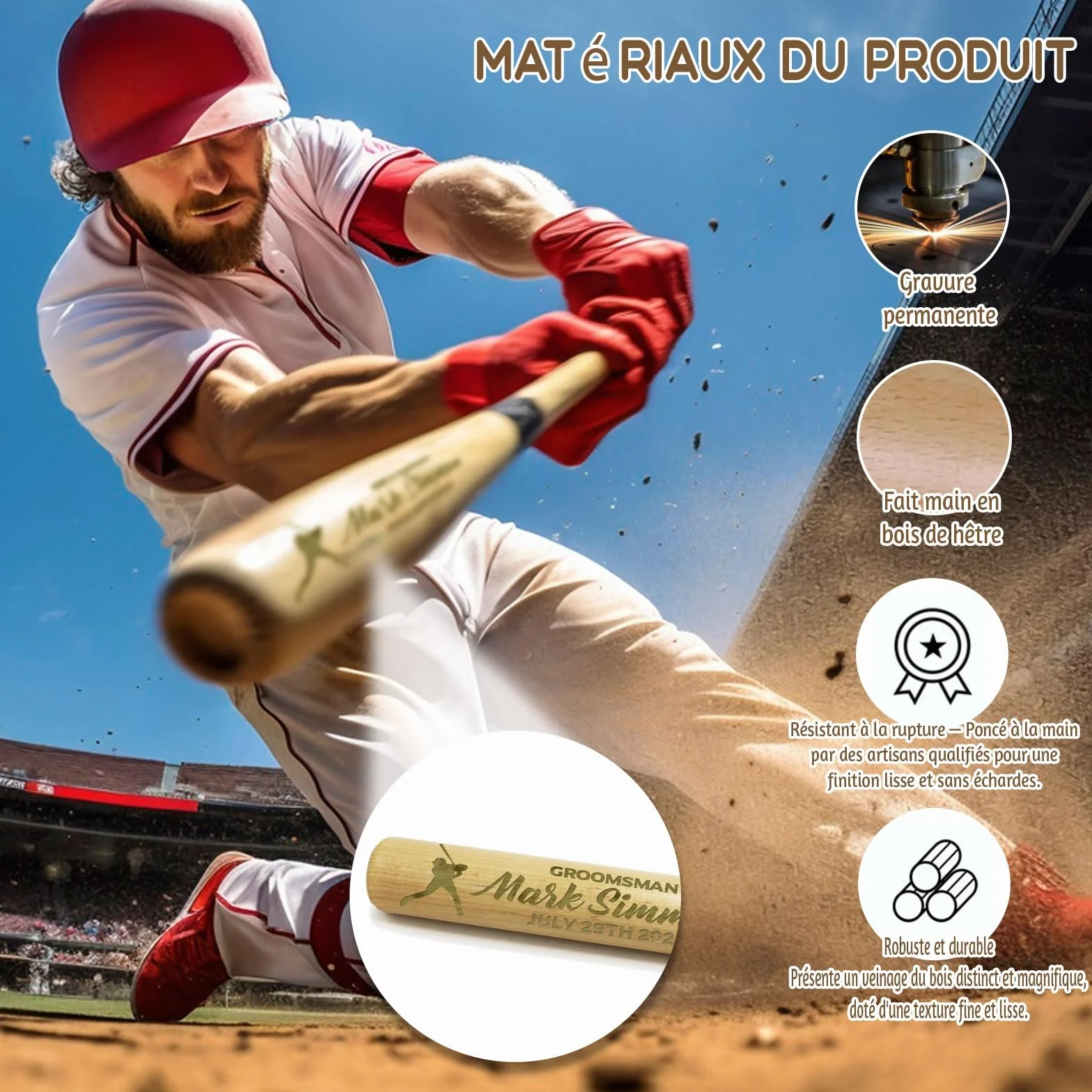 Mini Batte de Baseball Personnalisée 18 Pouces – Gravure Nom, Numéro & Logo, Petit Batte en Bois Cadeau Little League