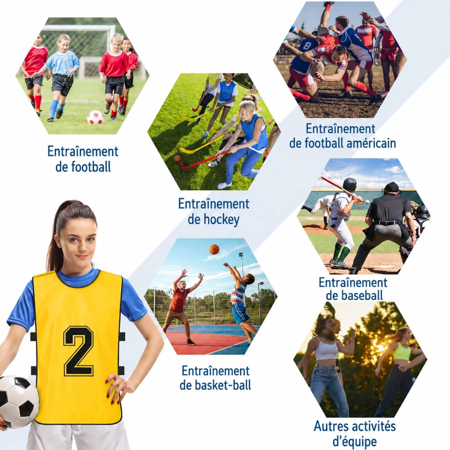 Dossards d'Entraînement Polyester Respirant pour Adultes – 24 Chasubles de Football Numérotées Réversibles Rouge & Jaune