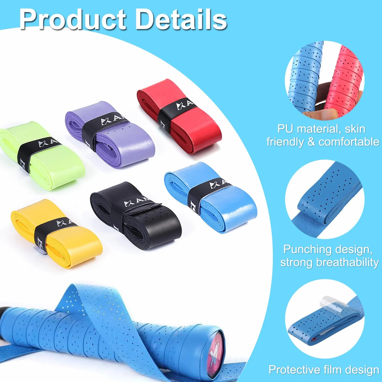 Ruban de Raquette Grip 6 Pièces Antidérapant pour Tennis Badminton Squash