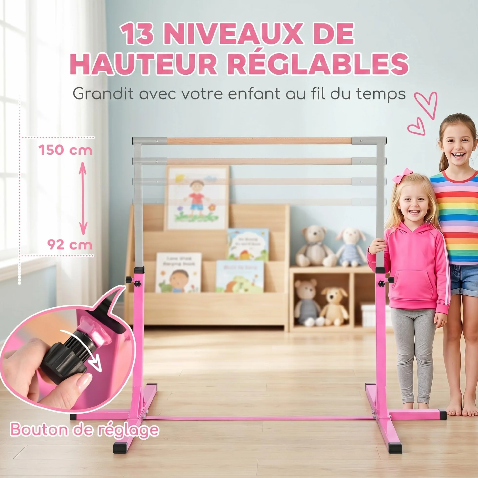HOMCOM Barre Fixe de Gymnastique Enfant Hauteur Réglable 13 Niveaux 92-150 cm Acier Bois de Hêtre Antidérapant