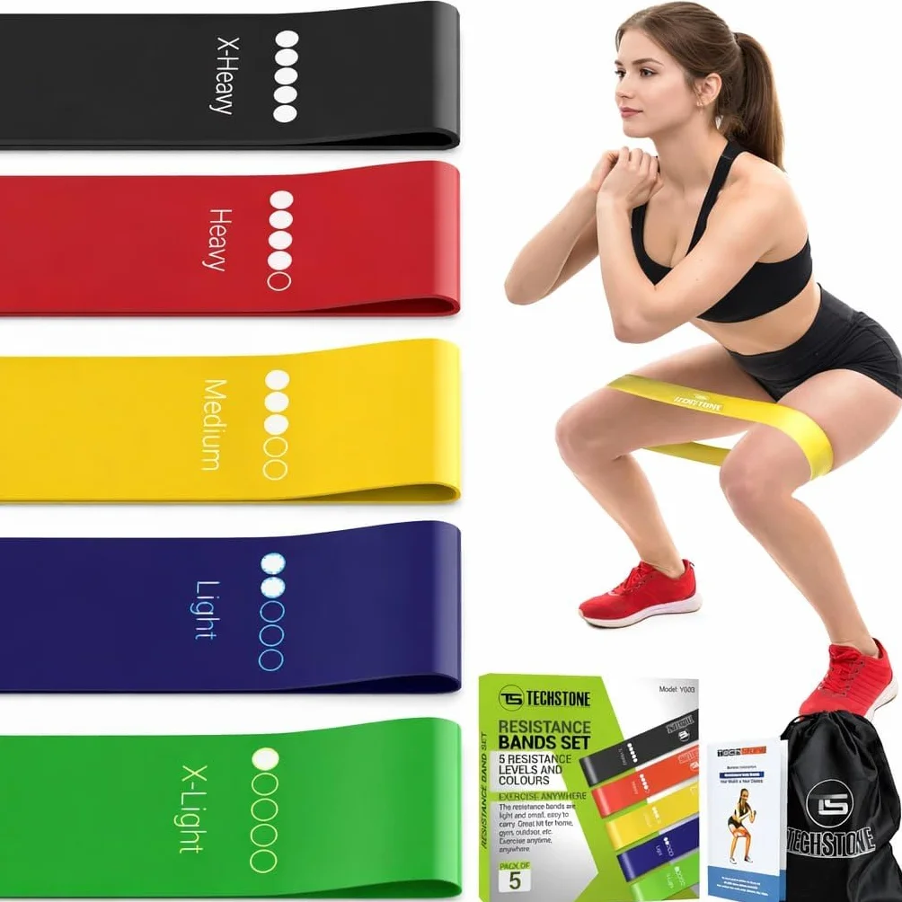TechStone Bandes de Résistance pour Entraînement – Pack 5 Niveaux Bandes Élastiques Haute Résistance Salle de Sport Maison Kit Fitness avec Sac de Transport
