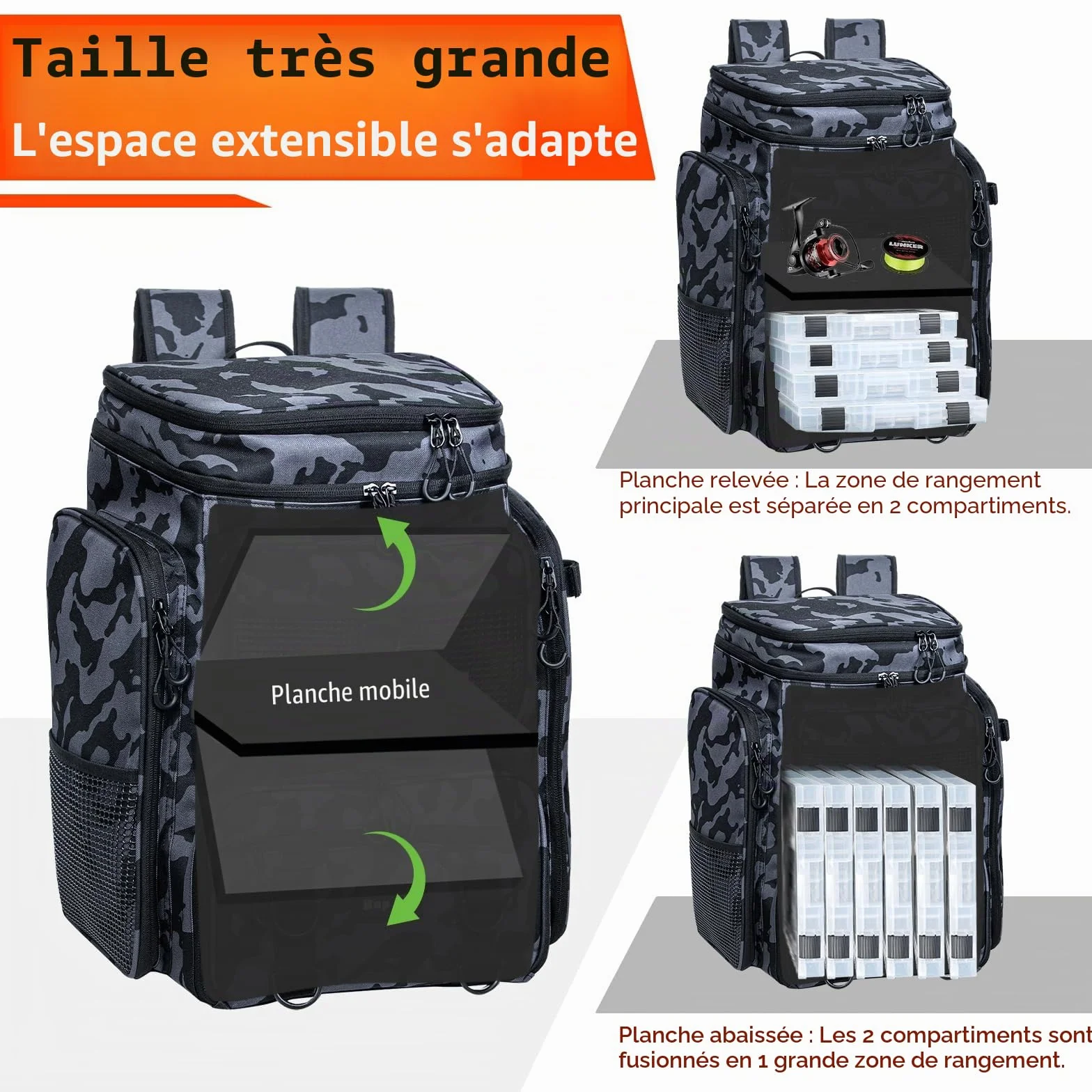 Hap Tim 42L Sac à Dos de Pêche avec 2 Barres, Sac de Pêche Multi-Poches, Séparateur Amovible