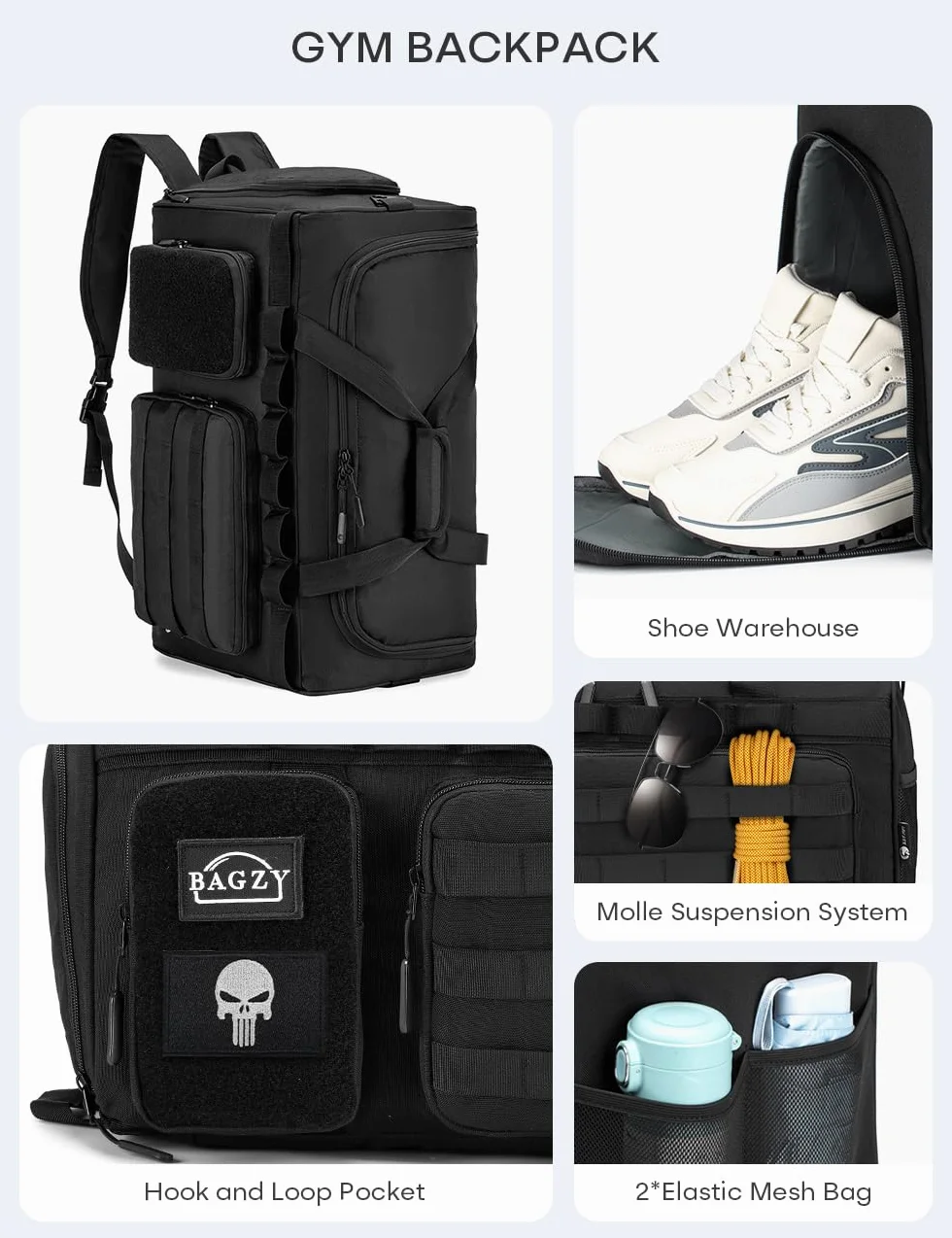 BAGZY Sac de Sport Homme 50L Voyage Tactique Militaire Imperméable 55x35x25cm Compartiment Chaussures Noir