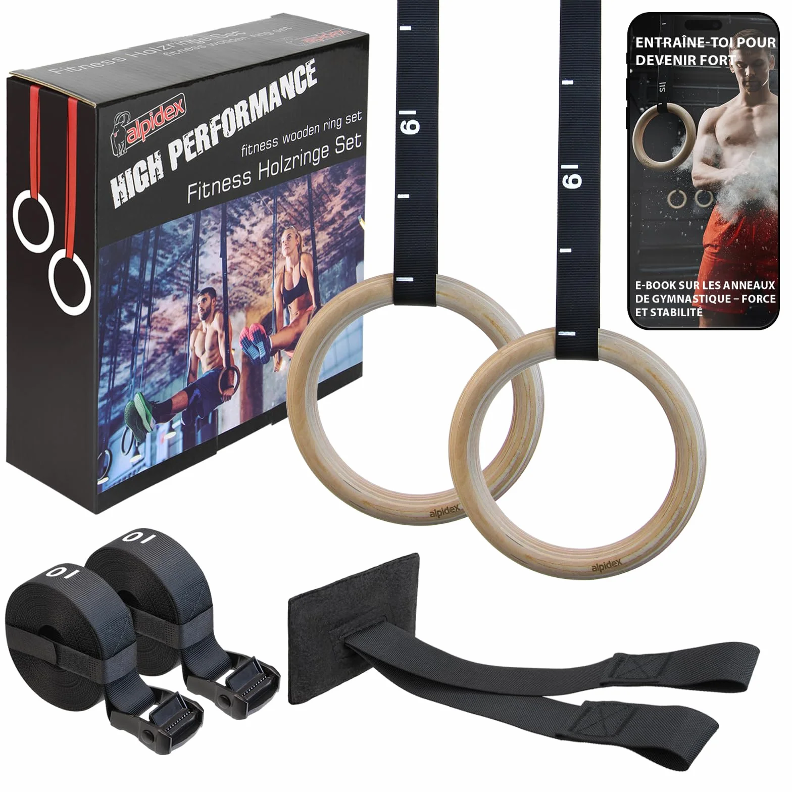 ALPIDEX Anneaux de Sport et de Gymnastique avec Fixation de Porte et Sangle