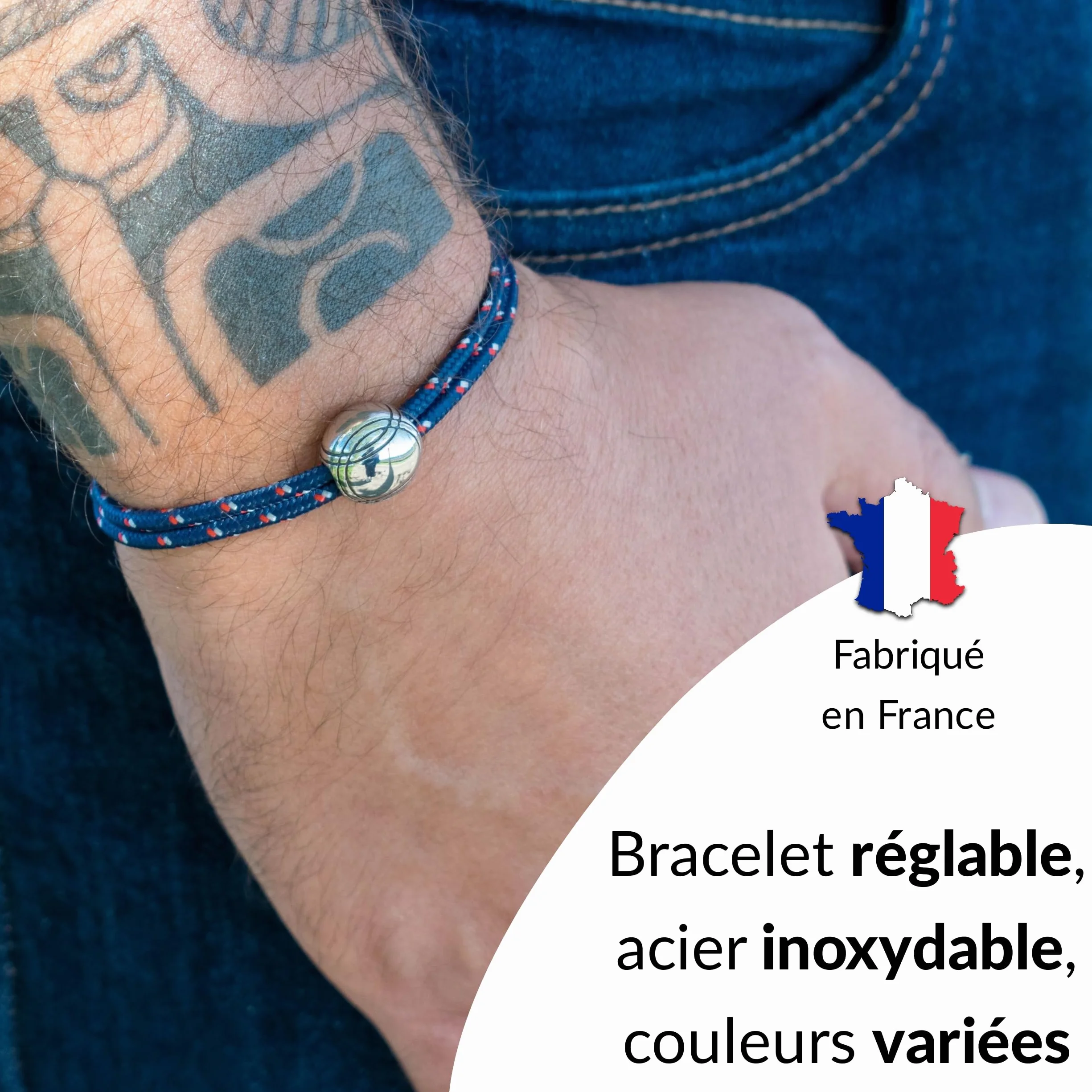 Bracelet pétanque acier inoxydable réglable homme femme - Cadeau Noël anniversaire fête des pères