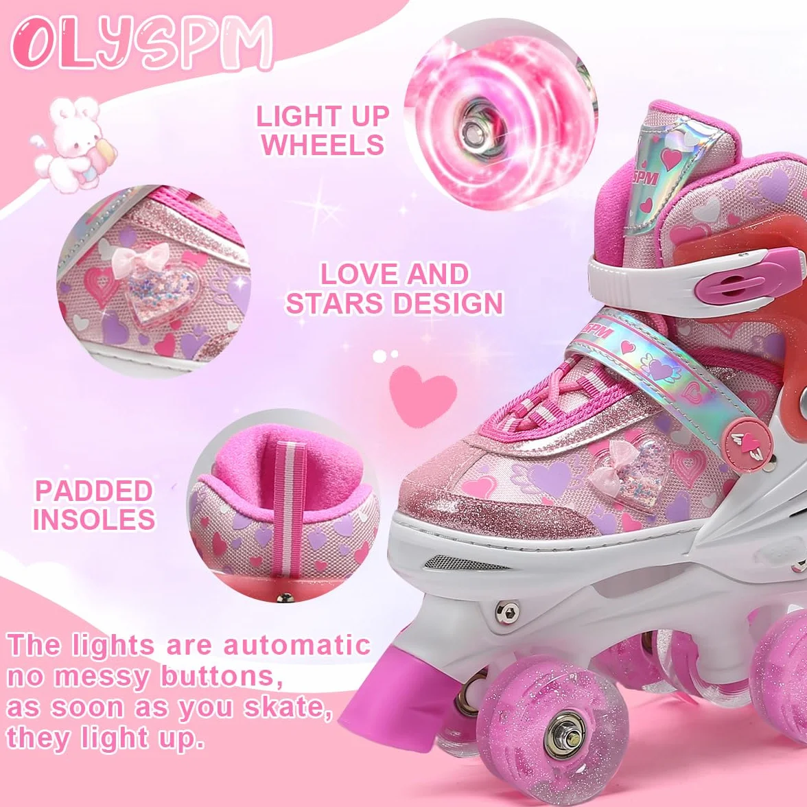 Patin à Roulettes Fille avec 8 Roues Lumineuses, 4 Tailles Réglables, Motif Cœurs