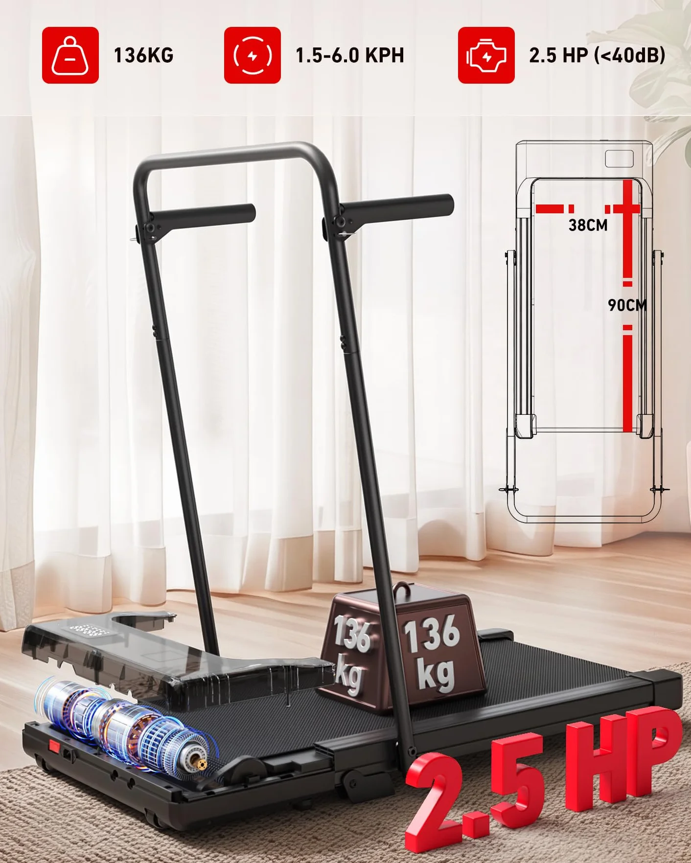 Tapis de Course Inclinable 2.5HP 1-12km/h APP Contrôle Max 136KG Walking Pad Portable