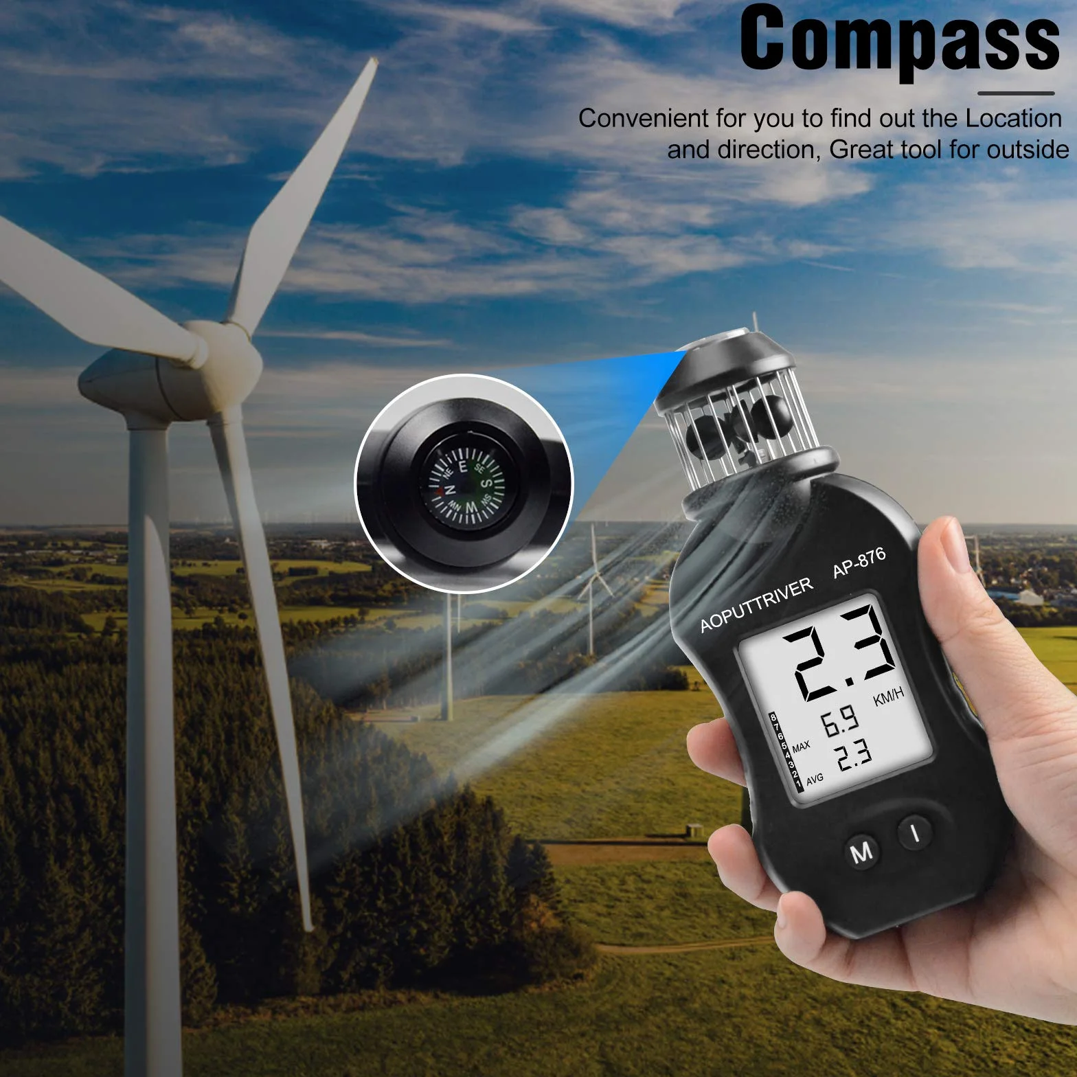 Anémomètre Numérique AP-876 Portable Compteur de Vitesse du Vent pour HVAC