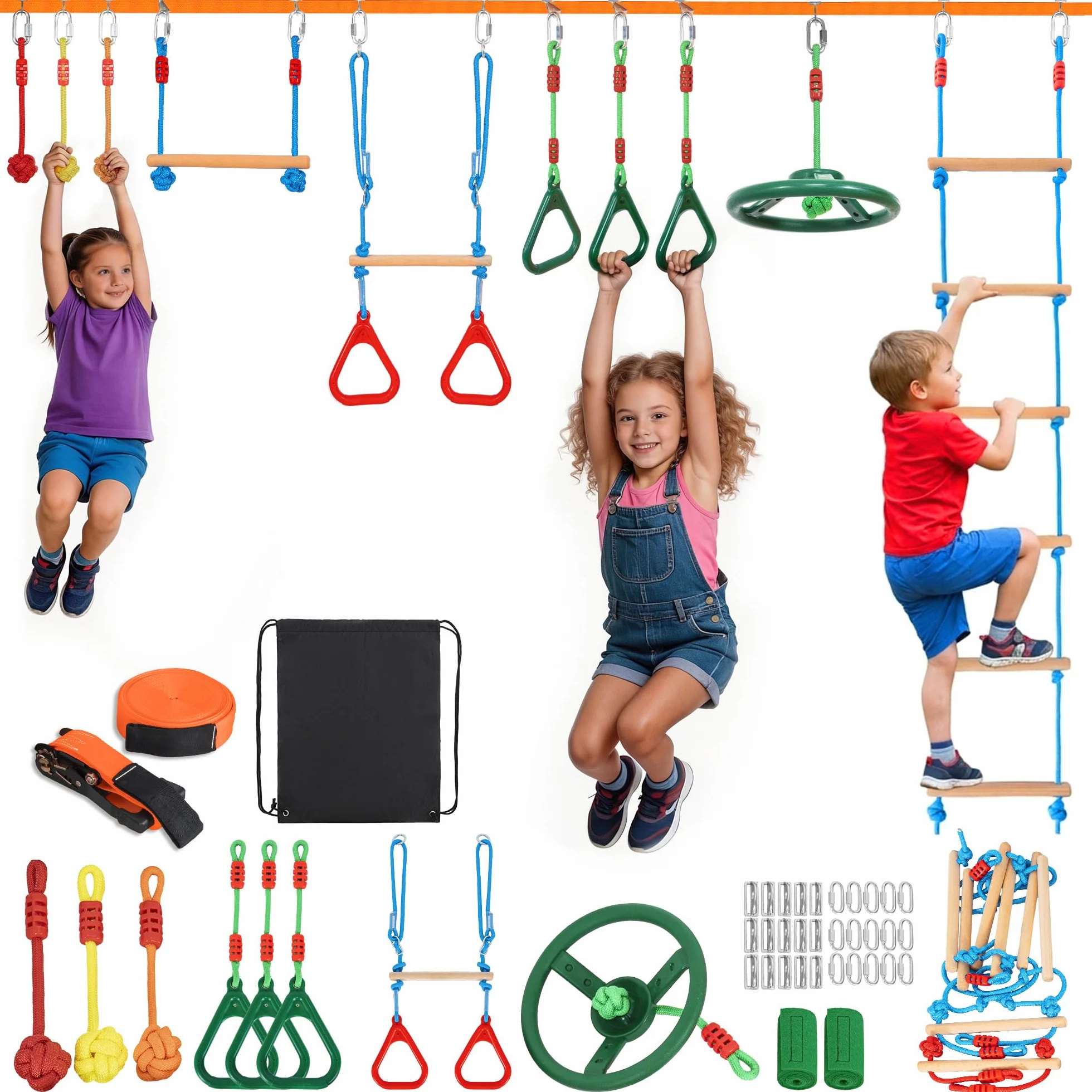 Slackline Kit pour Enfants 15M Ninja Parcours d'obstacles avec Échelles et Accessoires