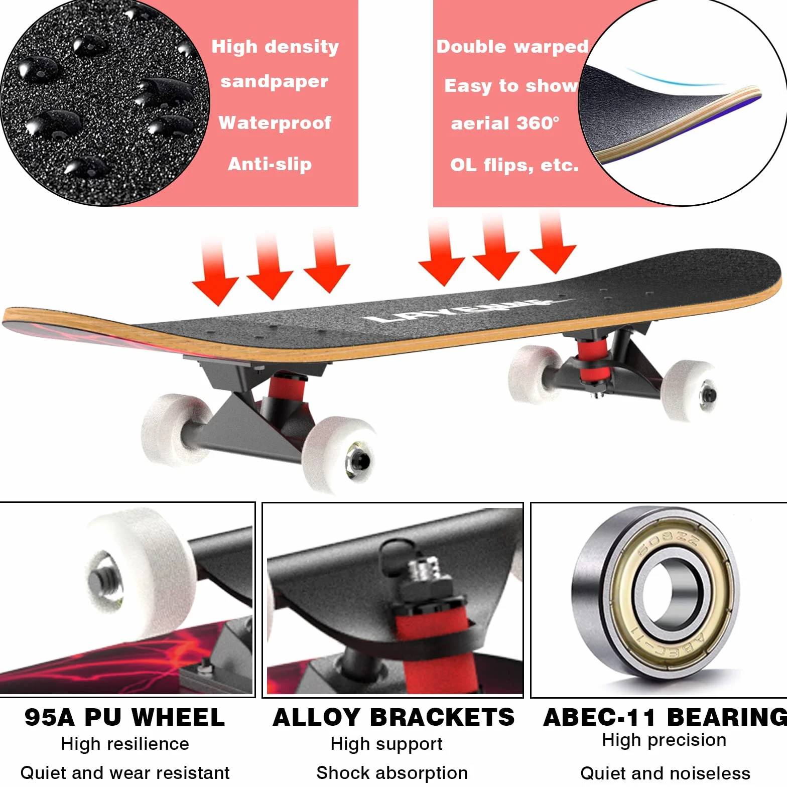 Skateboard Complet Planche Érable 9 Couches Roulement ABEC-11 Adultes Enfants Débutants Professionnels