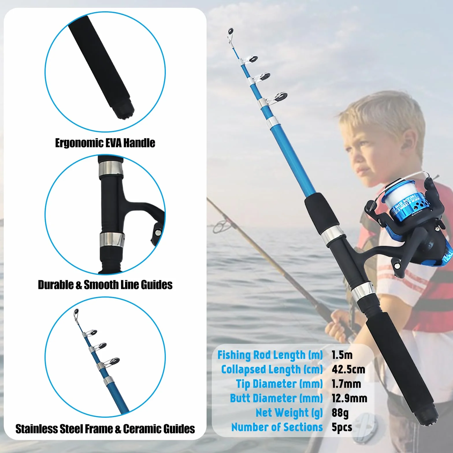 Canne à Pêche Enfant 1,5 m Kit Complet avec Moulinet Boîte d’Appâts Télescopique et Sac