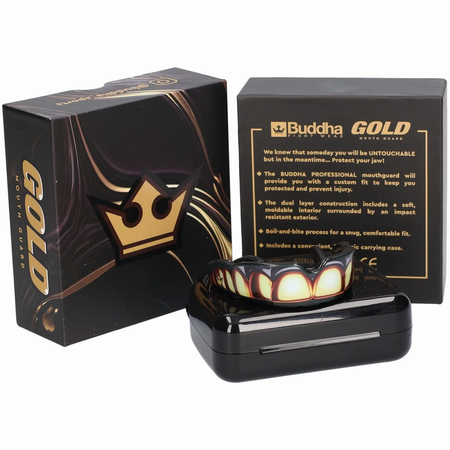 Protège-dents BUDDHA FIGHT WEAR pour sports de contact rugby MMA kickboxing judo hockey boxe noir-or adultes enfants 12+