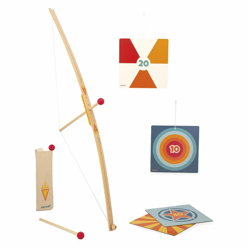 Janod Set Tir à l'arc en Bois Arc 3 Flèches Carquois 4 Cibles Jeu Plein Air Sport Dès 5 Ans