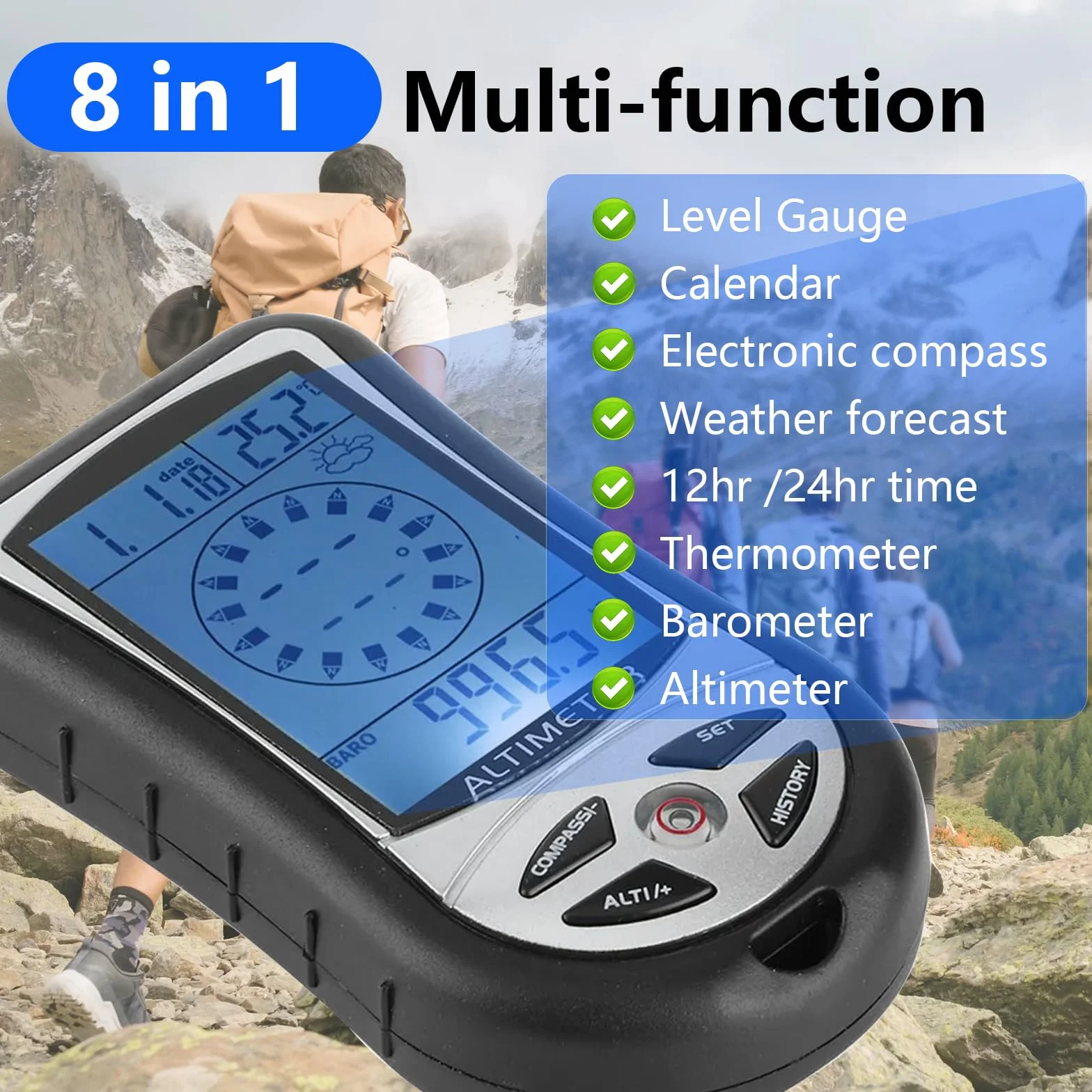 Altimètre numérique 8 en 1 baromètre boussole thermomètre pour alpinisme extérieur 2300-29500 pi 1100 mbar