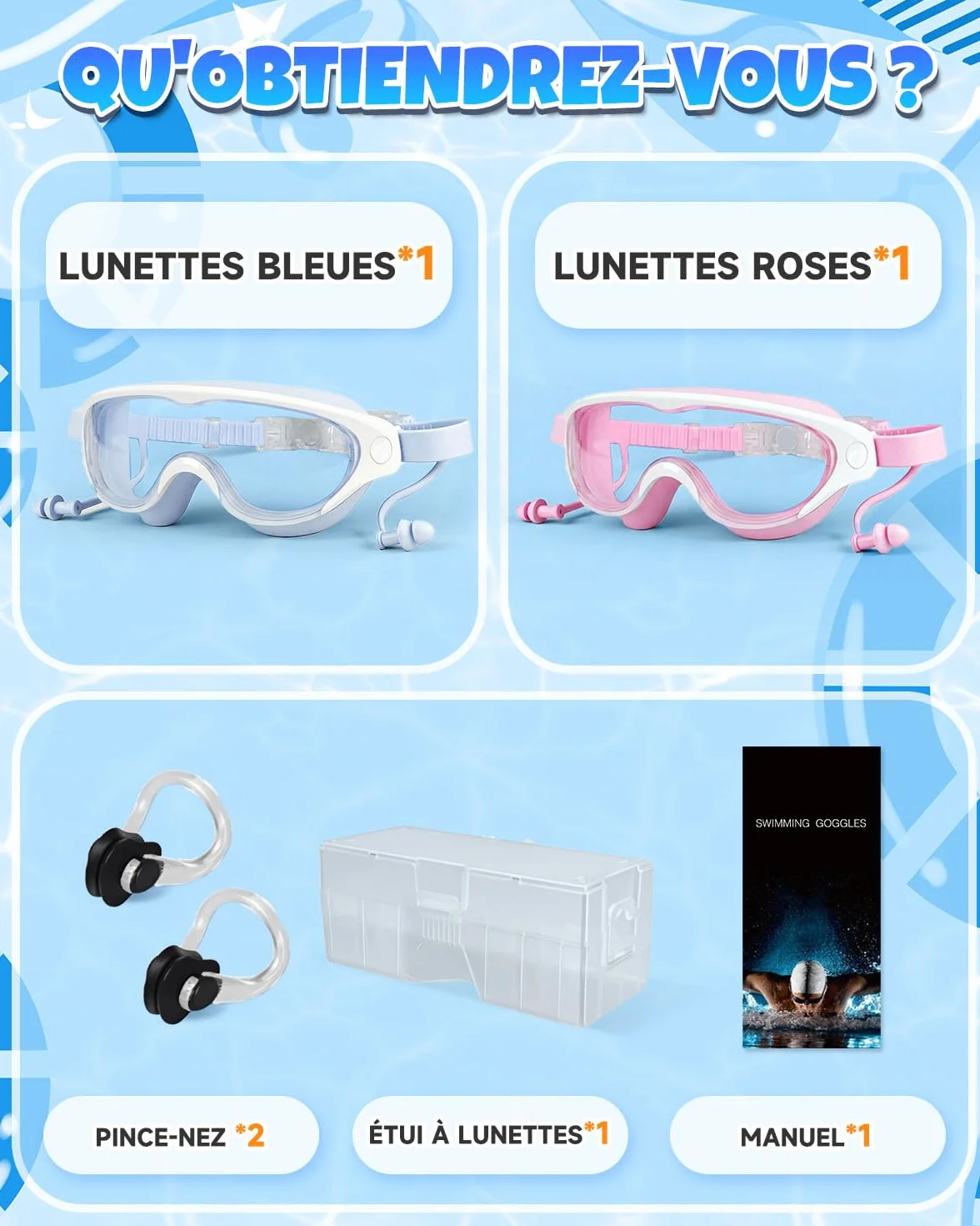 Zoomsnail Lunettes de Piscine Enfant 2 Pack, Anti-Buée, Silicone, Étanche
