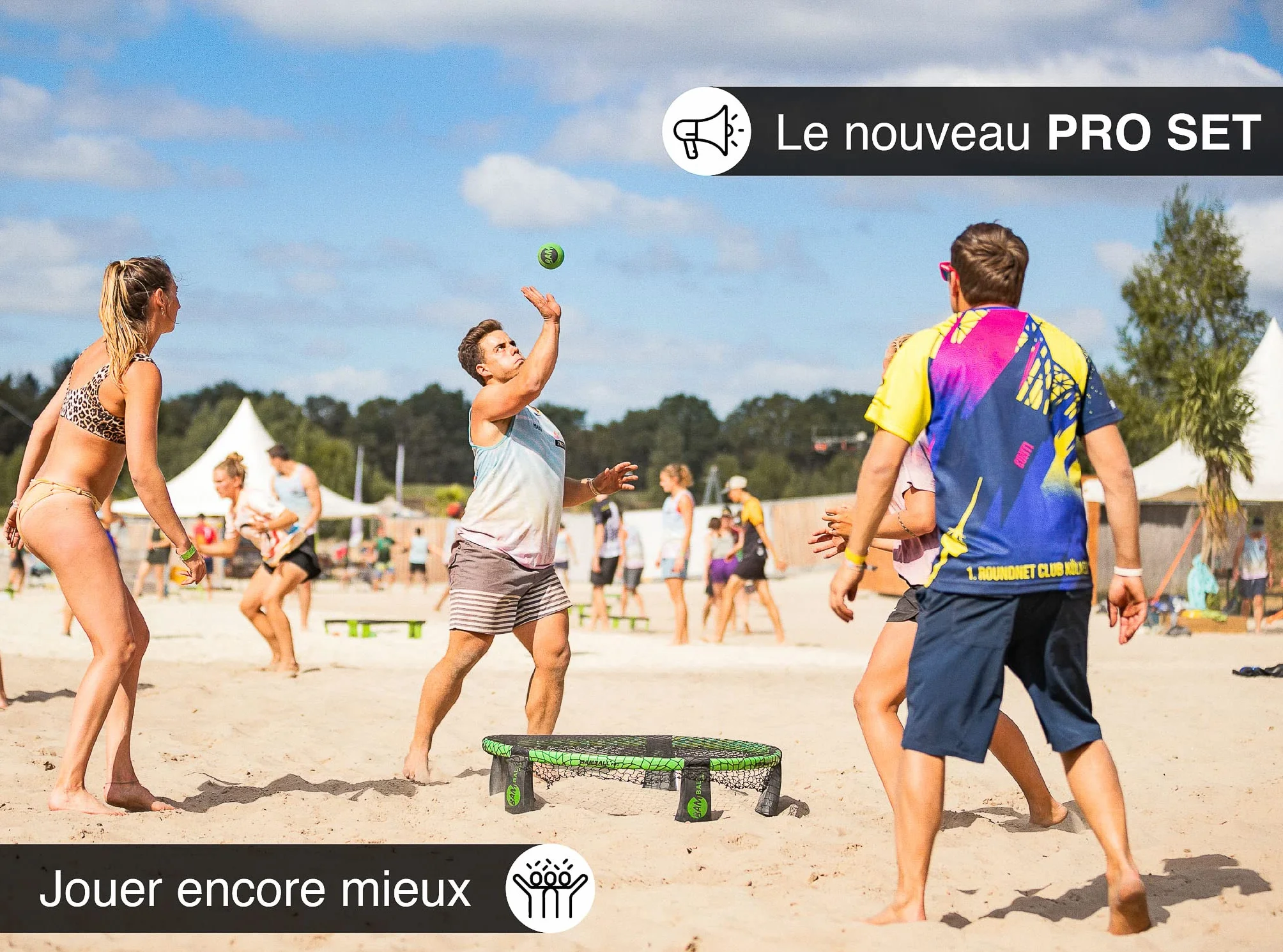 Roundnet Pro Set Édition Tournoi – 3 balles, sac étanche, filet amélioré, cadre renforcé, pompe