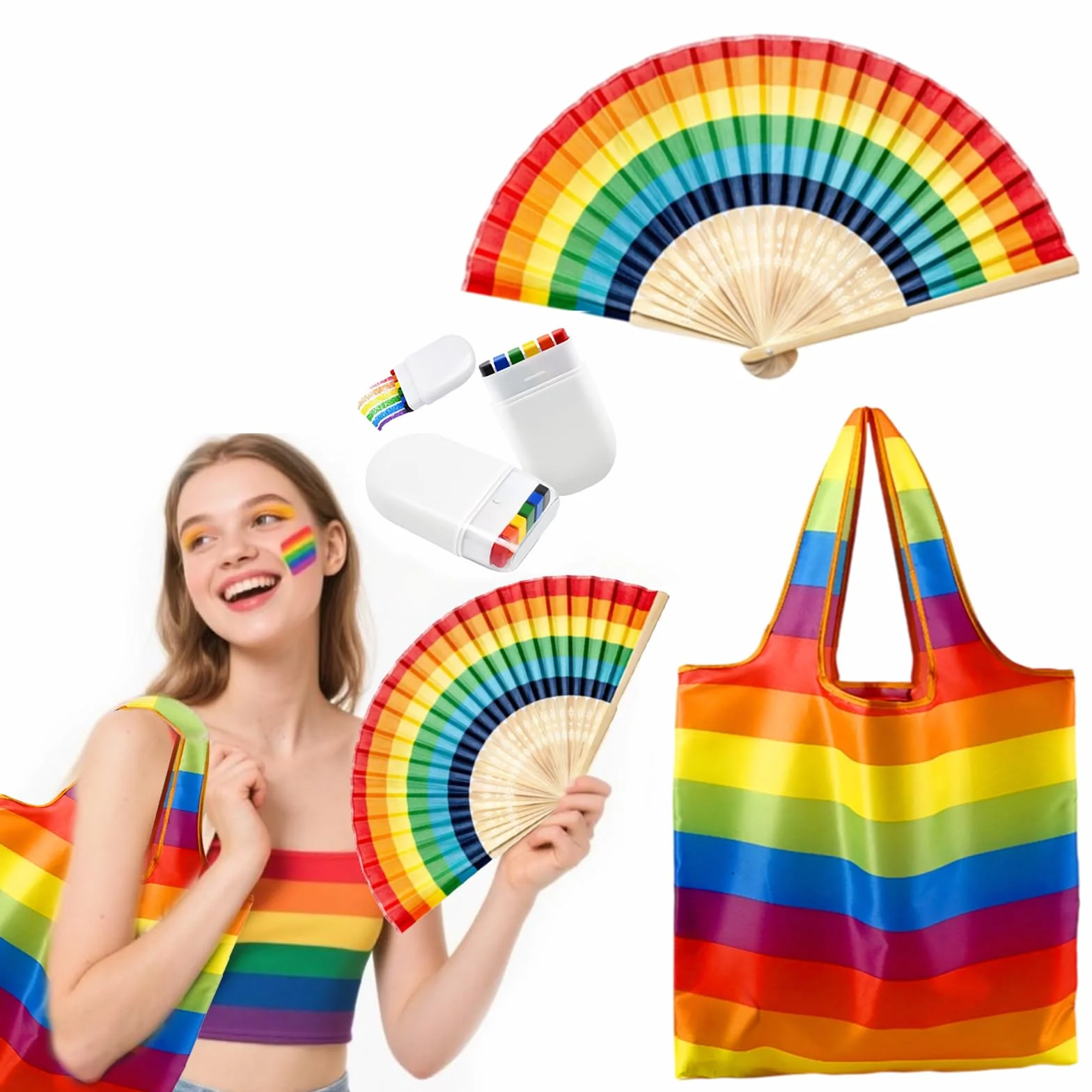 Ensemble d'accessoires de défilé du mois de la fierté LGBTQ avec peinture faciale, éventail pliable et sac réutilisable