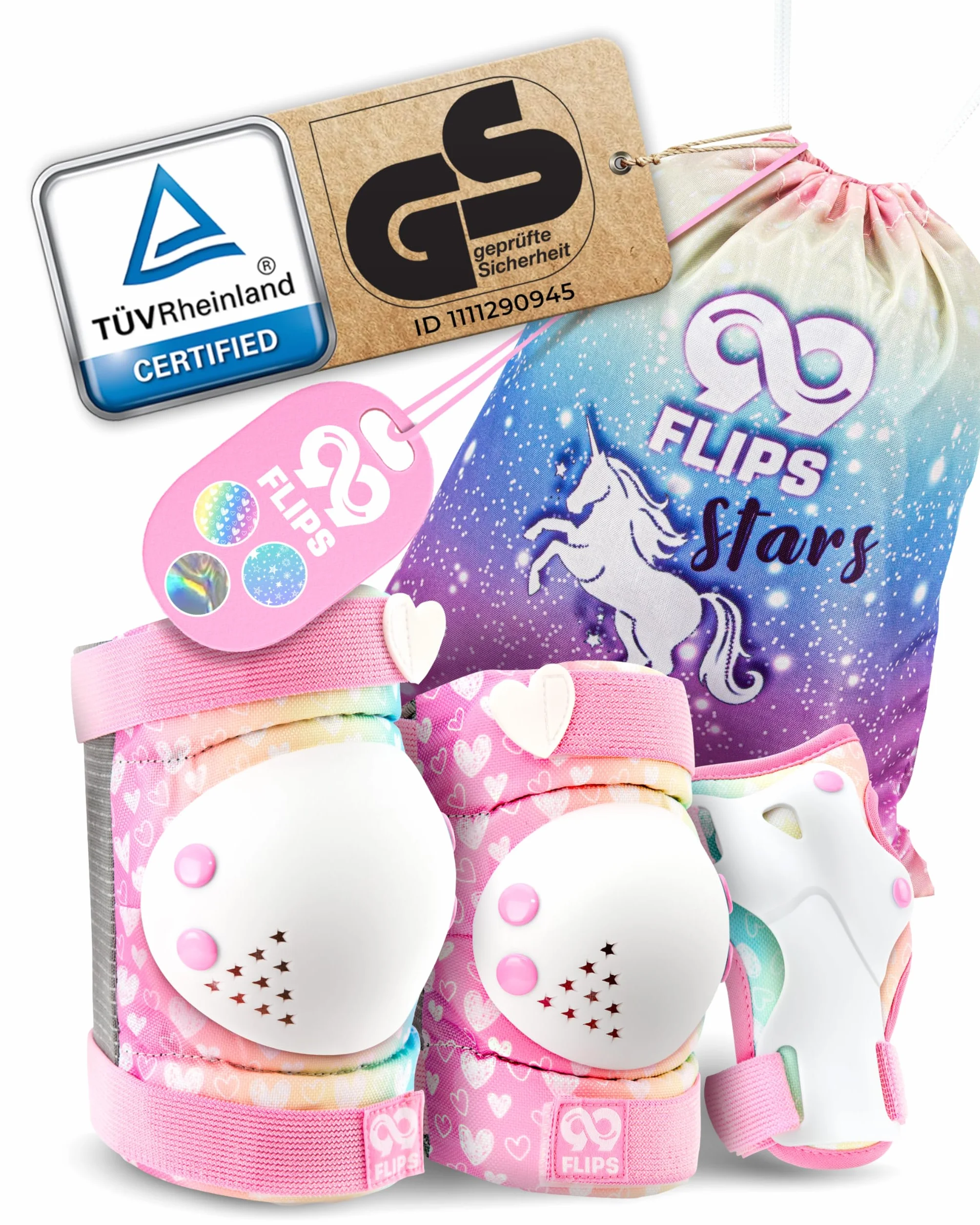 99FLIPS Protection Roller Enfant Fille 6pcs Set Licorne Genouillère Sac de Transport Skateboard Trotinette Skate Freestyle BMX Coude Rainbow