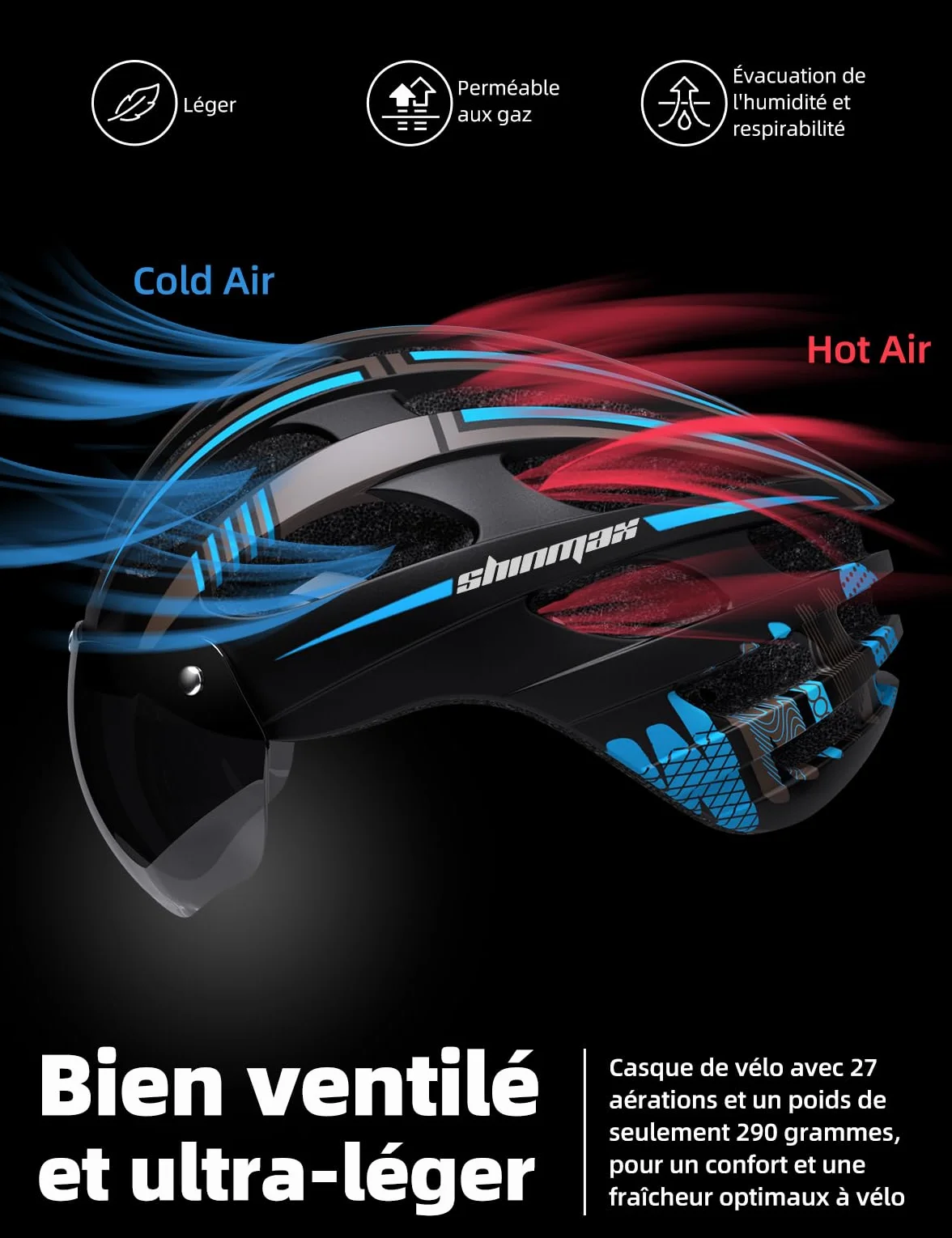 Shinmax Casque Vélo Homme Femme avec Lumière USB Visière Magnétique Certifié CE 57-62CM RC-049