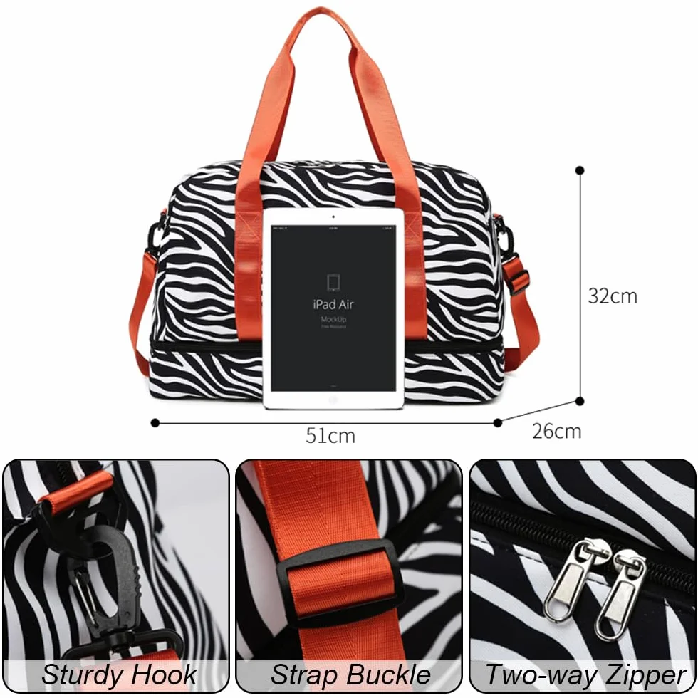 Sac de Sport Femme Grand 42.43L Compartiment Chaussures Poche Humide Voyage Léopard Imperméable Noir