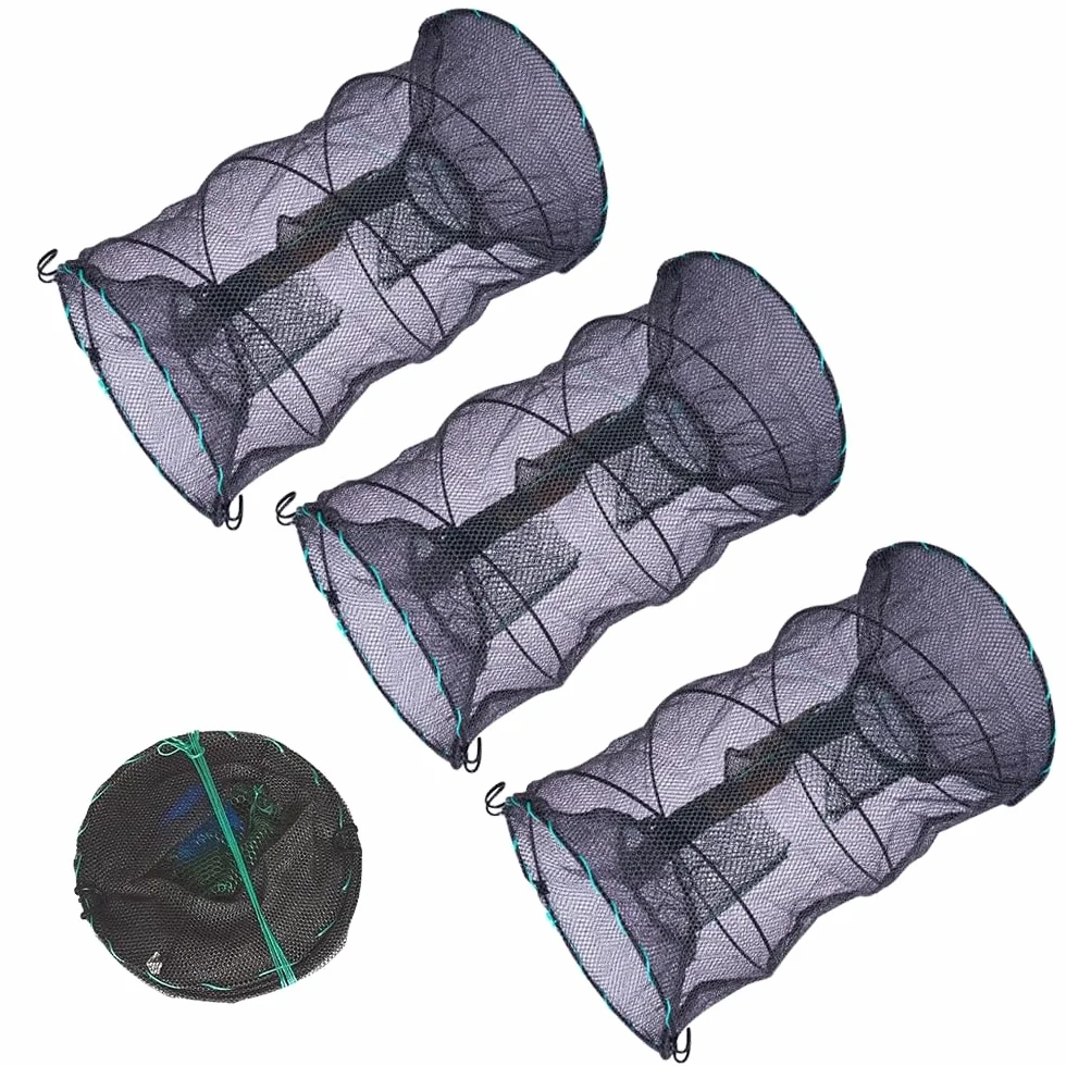 Piège à Poisson Pliable 3 PCS Nasse à Écrevisses en Nylon 30x60cm avec Fermeture éclair Portable Casier à Crabes