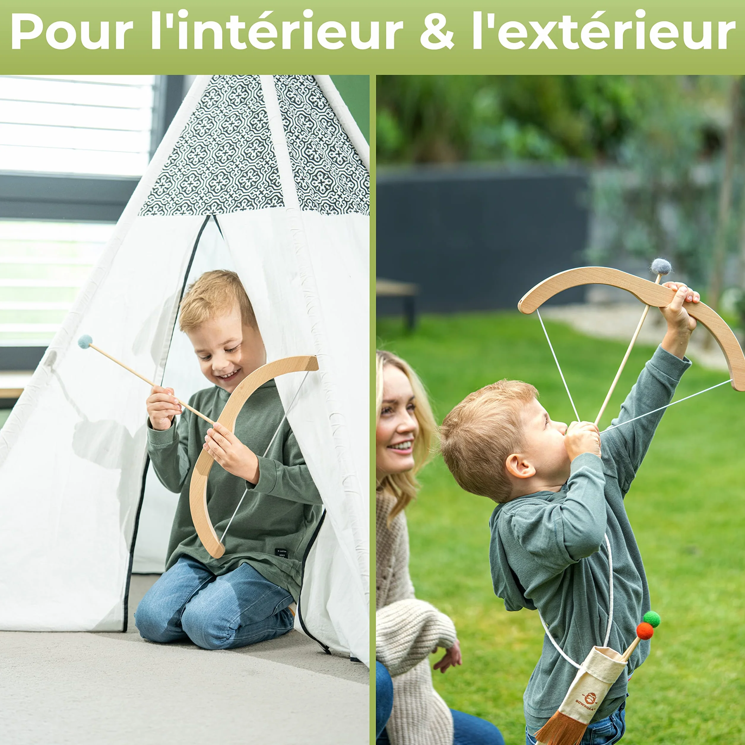 BOWRILLA® Arc et Flèches Enfant en Bois avec 5 Flèches, 4 Cibles et 1 Carquois | 3 LB Tir à l'arc pour Enfant