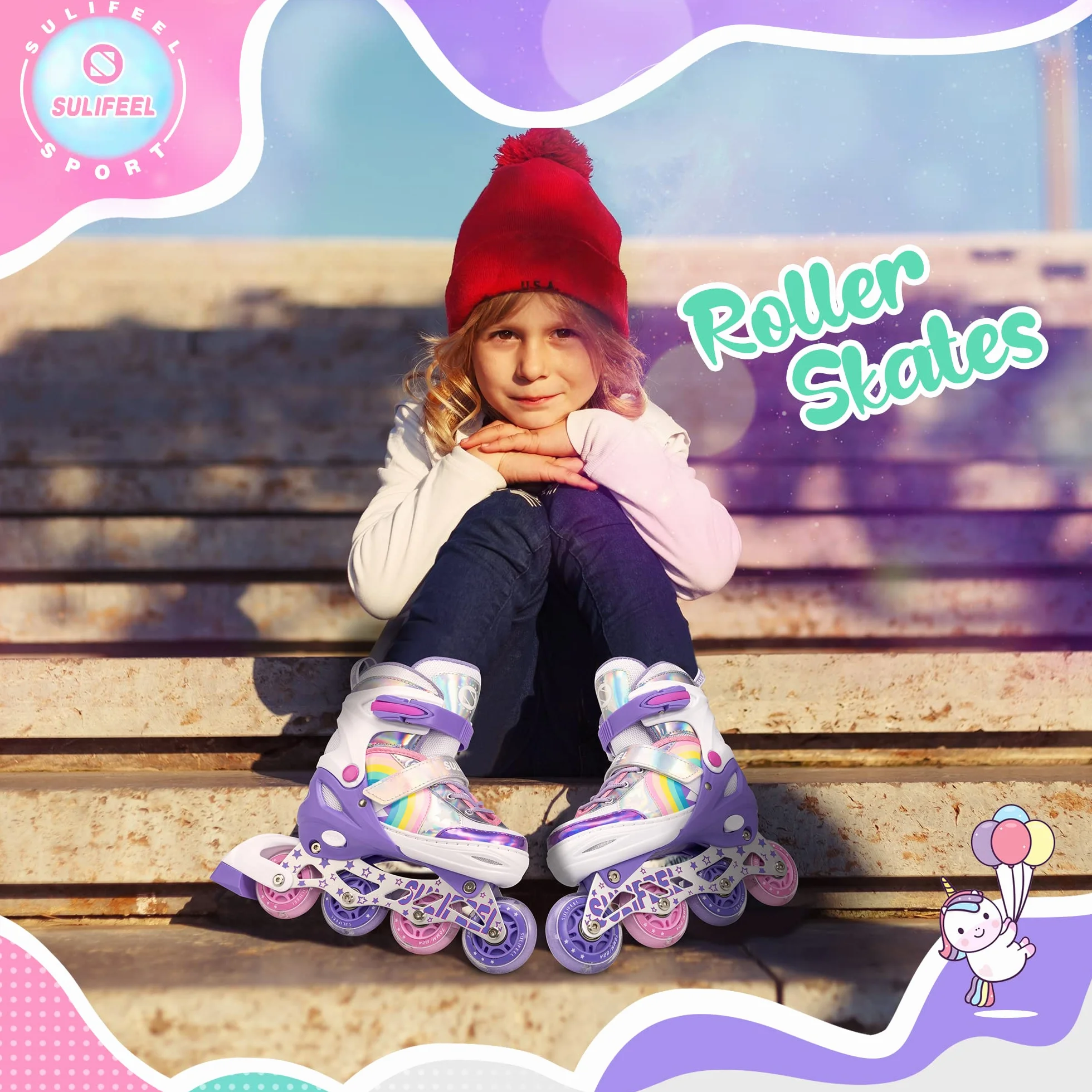 SULIFEEL Roller Skates Patins à roulettes Alignées Débutant Taille Réglable Licorne Arc en Ciel