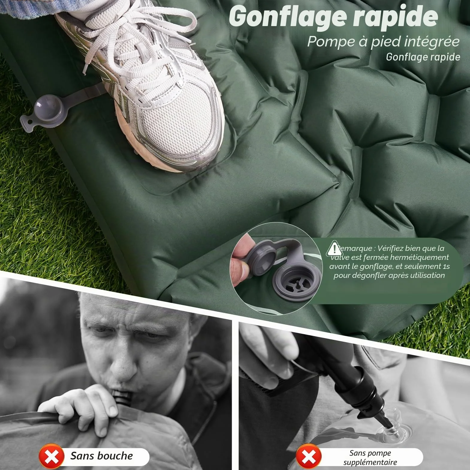 JATEKA Matelas Gonflable 1 Place Ultra Léger avec Pompe à Pied et Oreiller, Résistant à l'eau Portable Vert Militaire