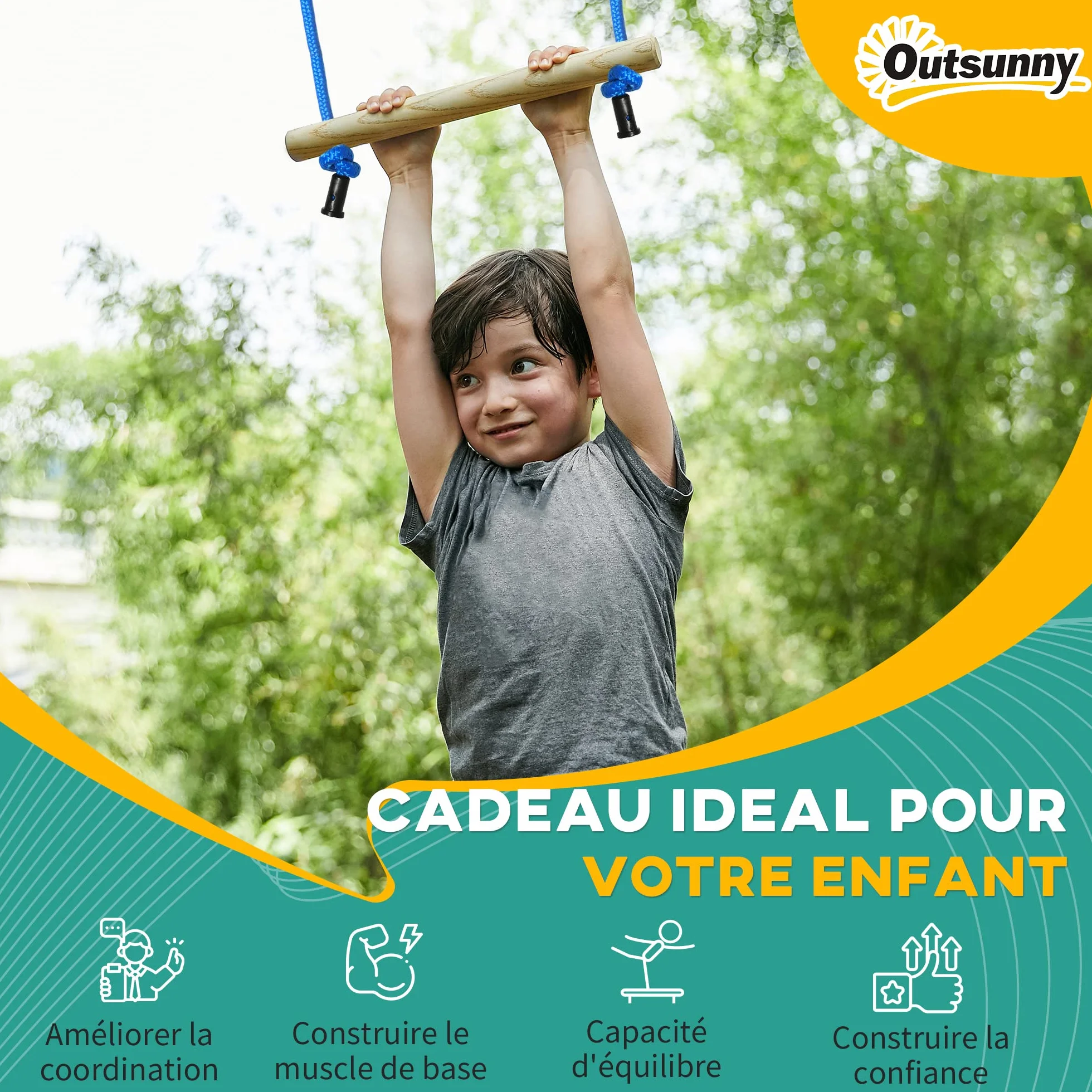 Outsunny Parcours d'obstacles Ninja pour Enfants 30 Accessoires 10 m Slackline Sac de Transport Bleu Noir Rouge