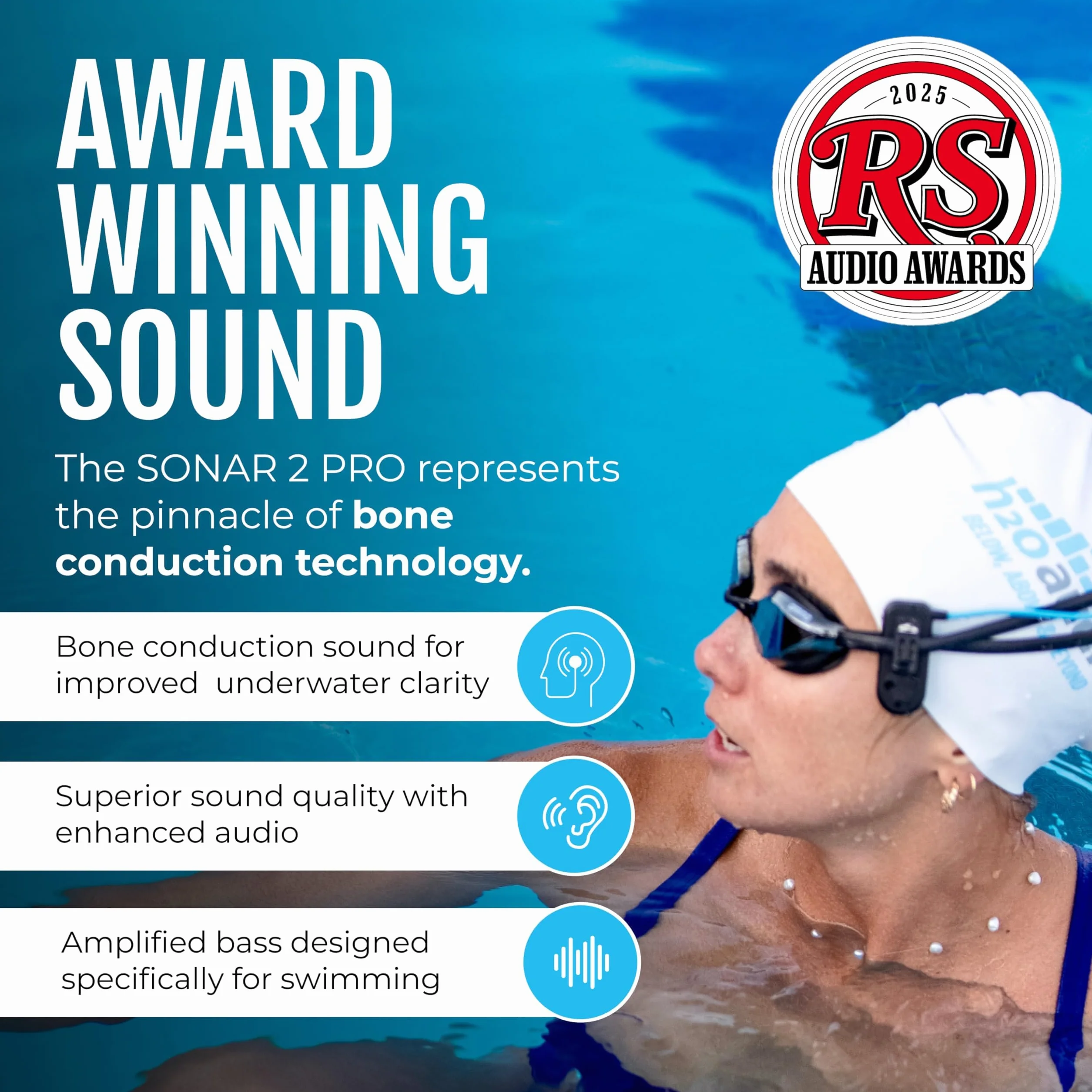 H2O Audio Sonar 2 Pro Casque étanche à conduction osseuse IPX8 MP3 Bluetooth natation