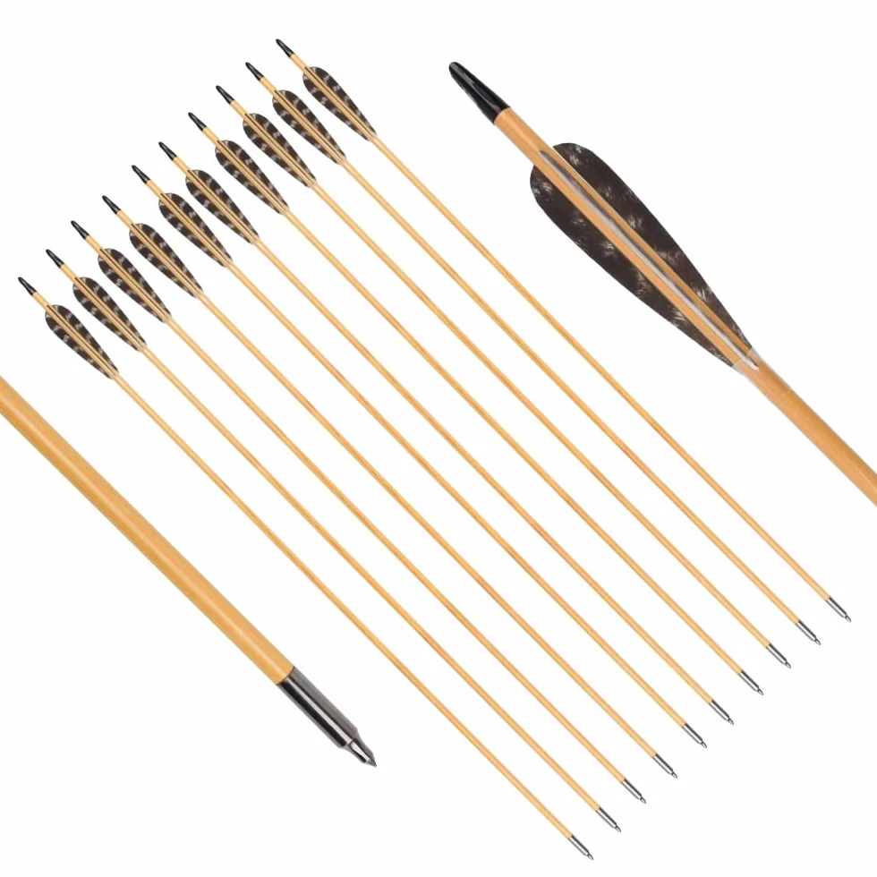 Flèches en bois 81 cm 12 pièces plumes naturelles 10 cm pour tir à larc chasse arc traditionnel recurve long
