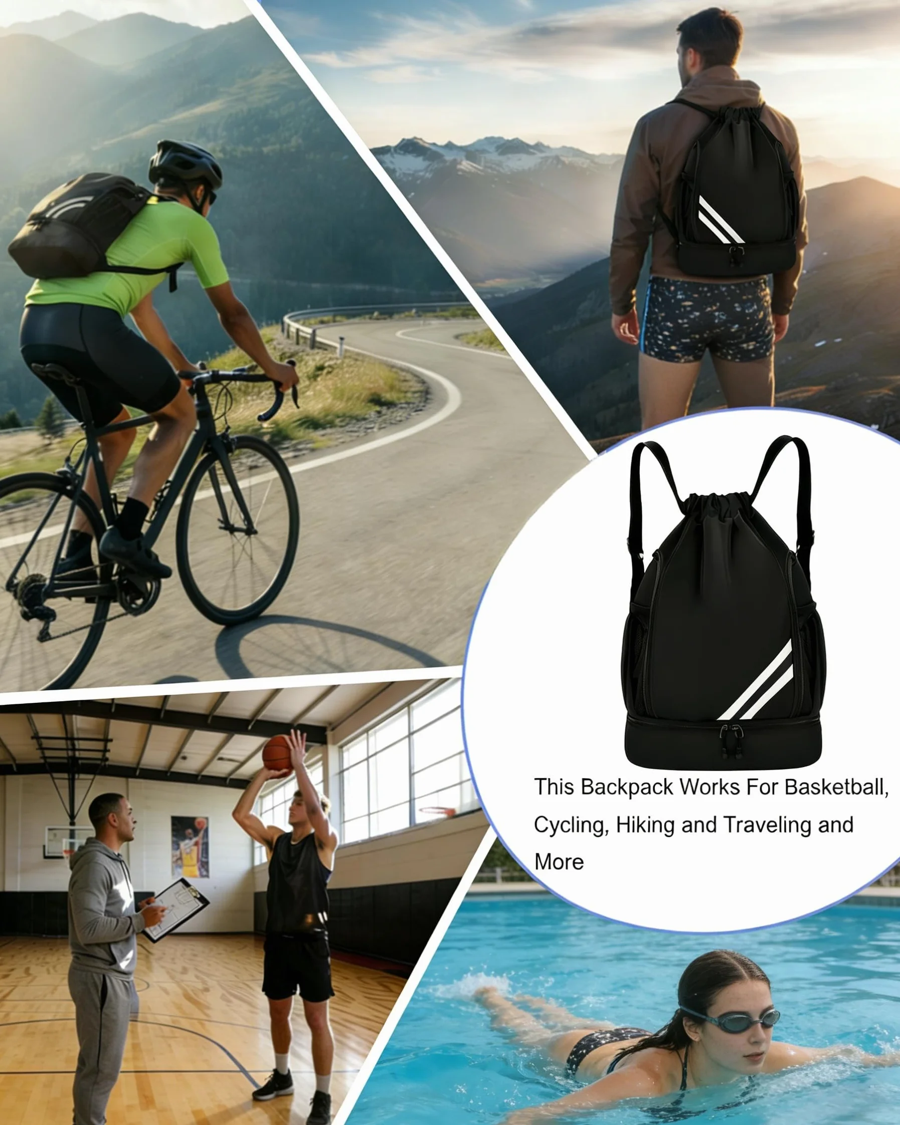 Sac Piscine Étanche Homme Femme, Sac à Dos Sport Compartiment Chaussures Pliable Poches