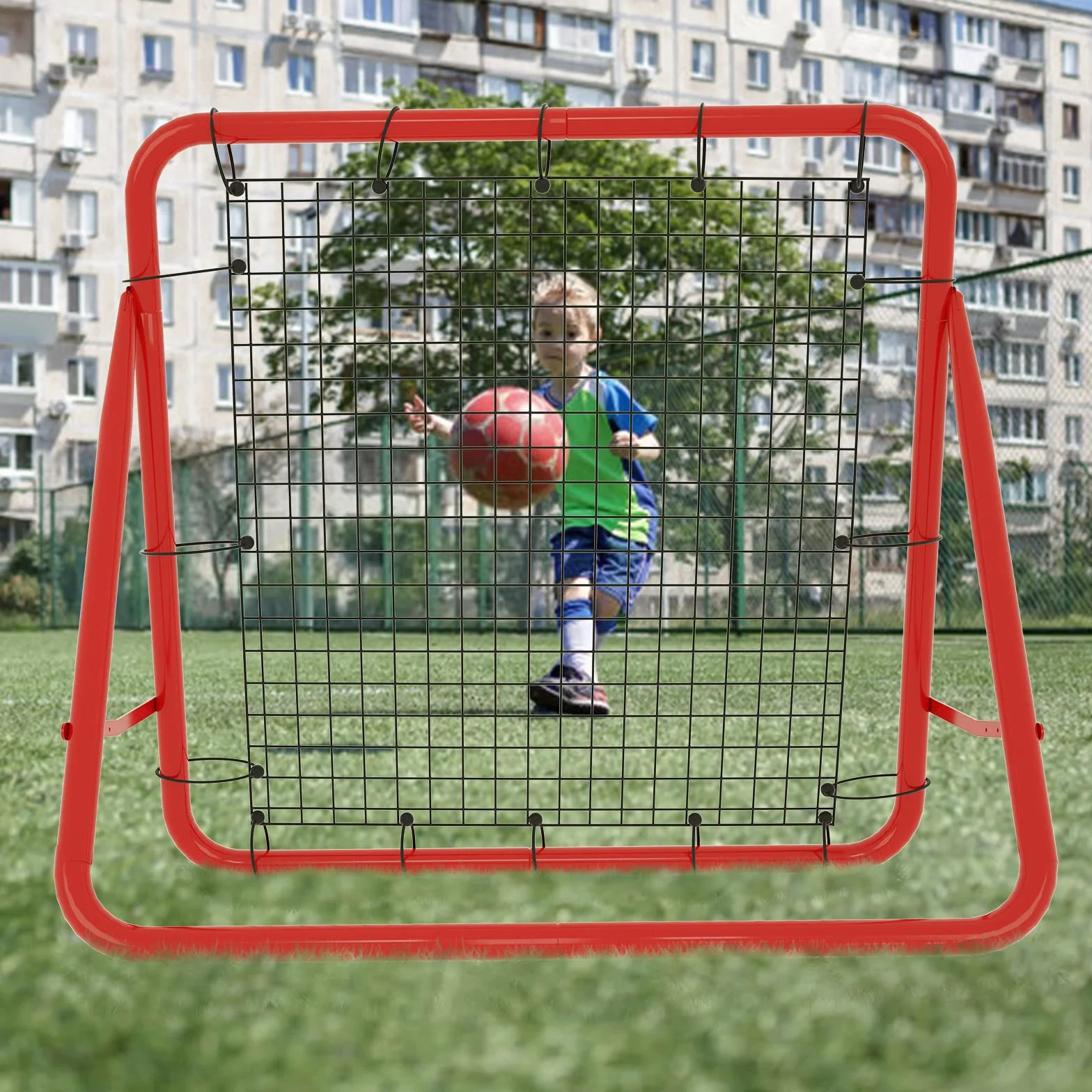 XMTECH Filet de rebond de but de football réglable 100 x 100 x 65 cm Rouge
