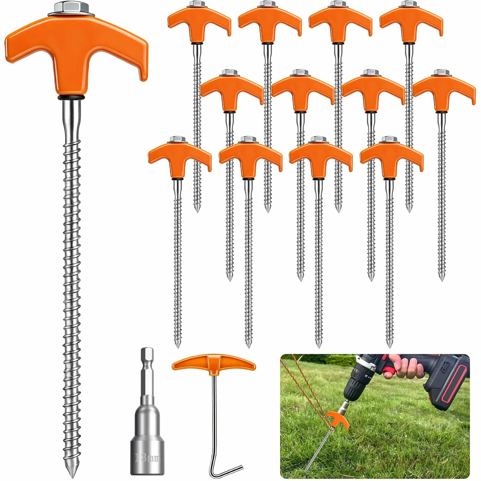 Piquet de Tente à Visser Lot de 12 Sardines Fixation Acier Douille Hexagonale Extracteur Camping