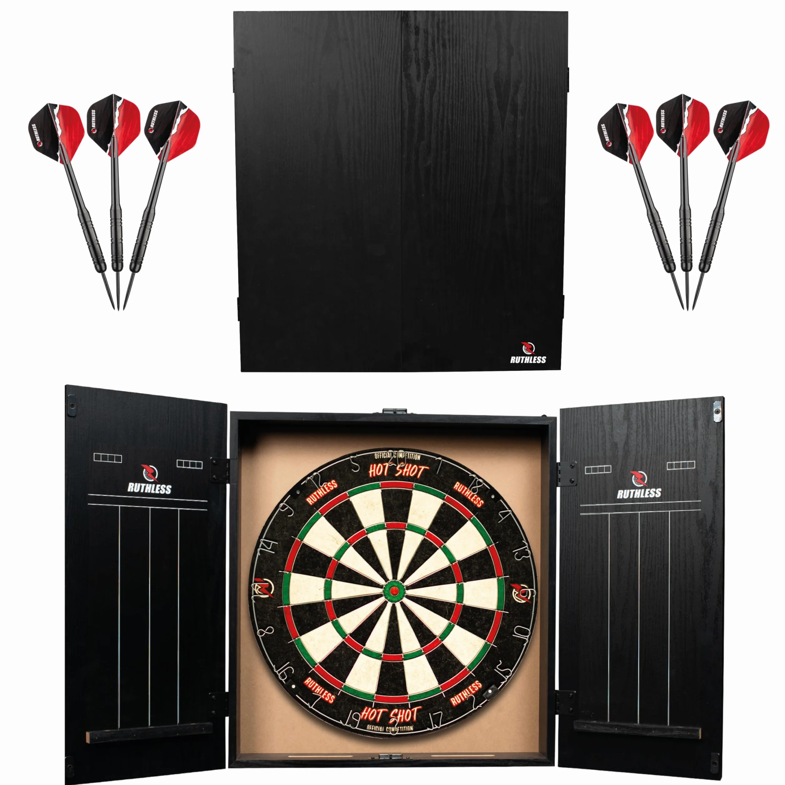 Cible de fléchettes avec armoire Ruthless Home Darts Centre CAB518 2 jeux de fléchettes