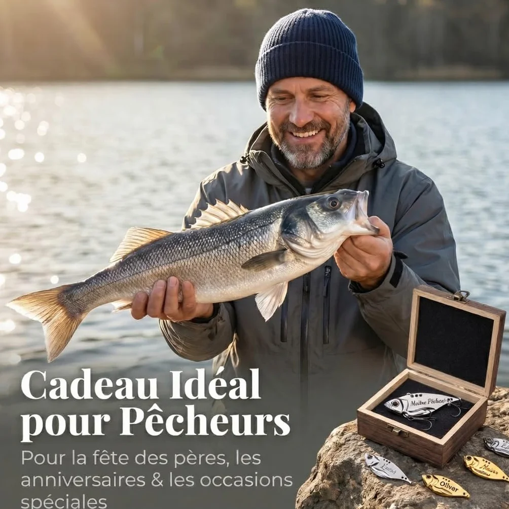 Cadeau Fête des Pères Leurre Pêche Personnalisé avec Texte Gravé Boîte en Bois Accessoires de Pêche pour Homme